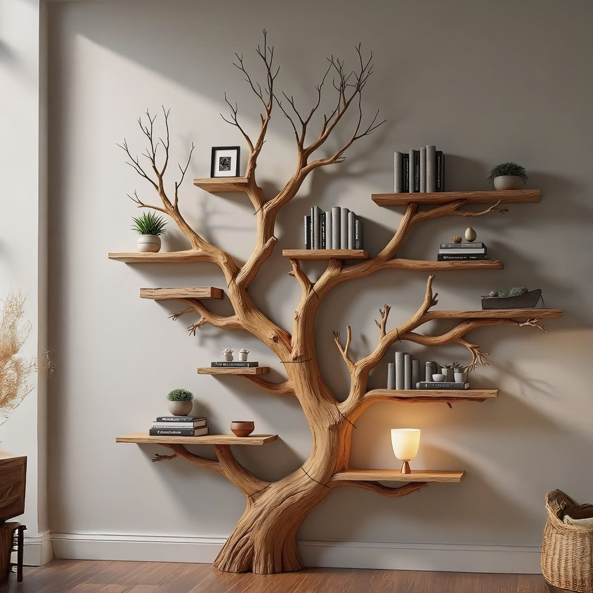 Wood Tree Bookshelf Wal Mounted Shelf Living Room