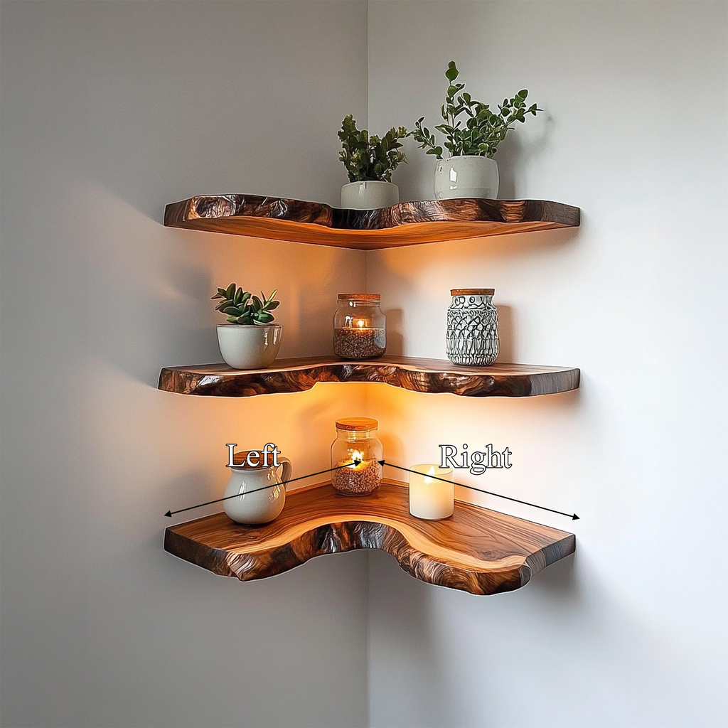 Rustic Live Edge Corner Shelves Solid Wood Living Room Interior Decorative Display CFSHCH012