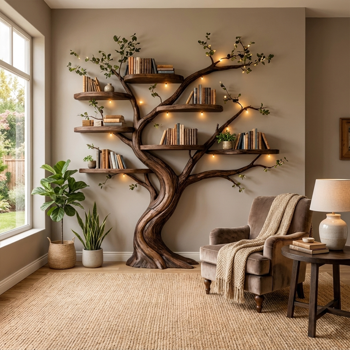 Organic Tree Bookshelf Living Room Interior Sculptural Wall Display