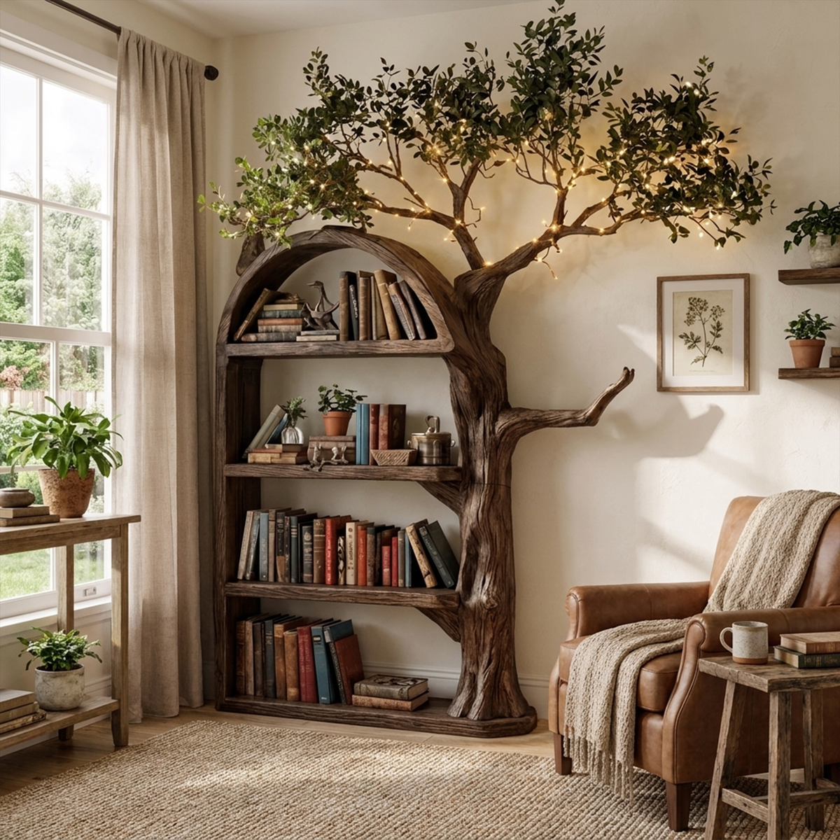 Rustic Tree Bookshelf Living Room Wall Display