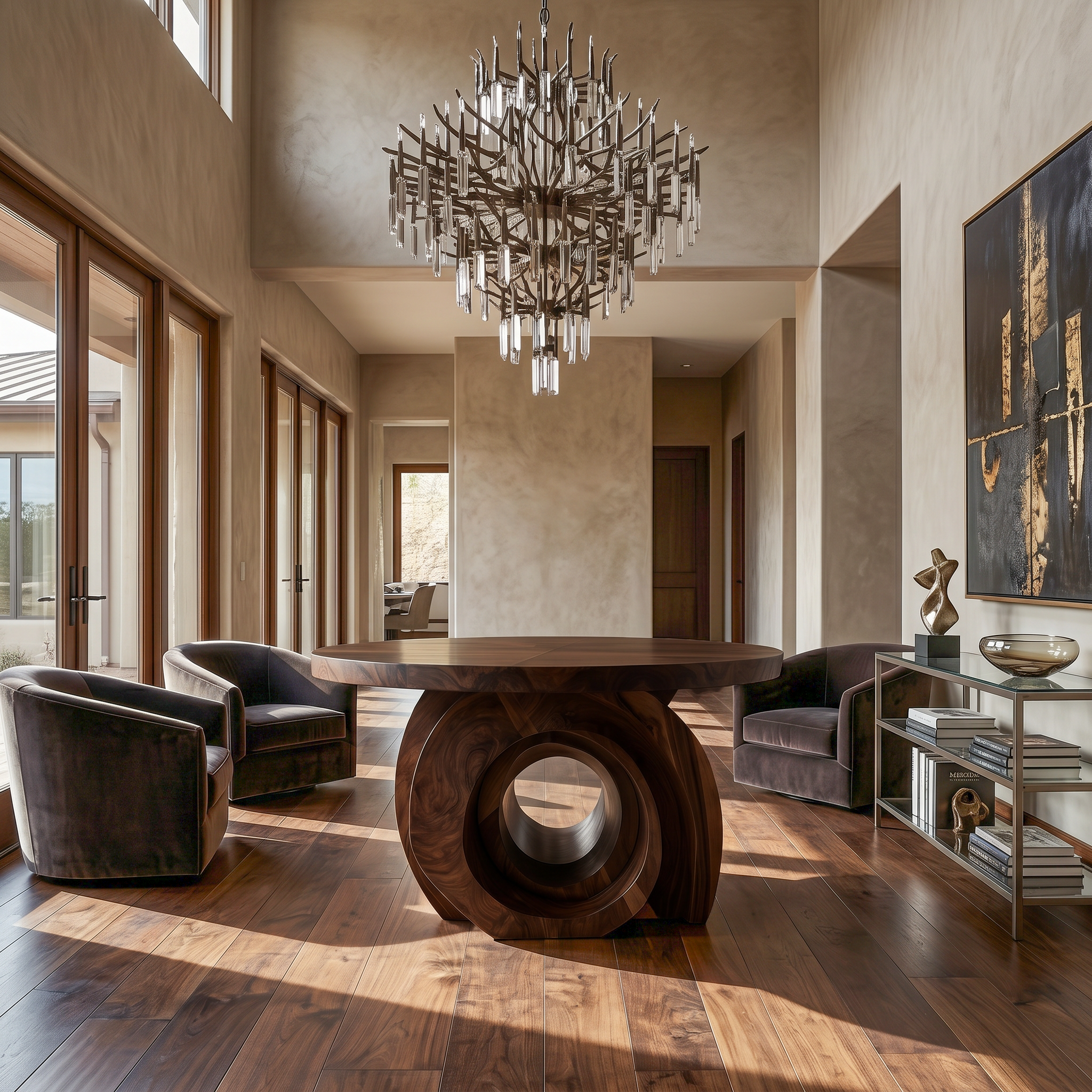 Modern Round Foyer Table With Sculptural Ring Pedestal Base For Entryway And Hallway FTHCH020