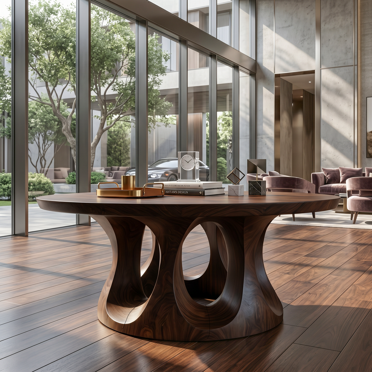 Organic Round Foyer Table With Sculptural Dual Ring Pedestal Base For Entryway And Hallway FTHCH019