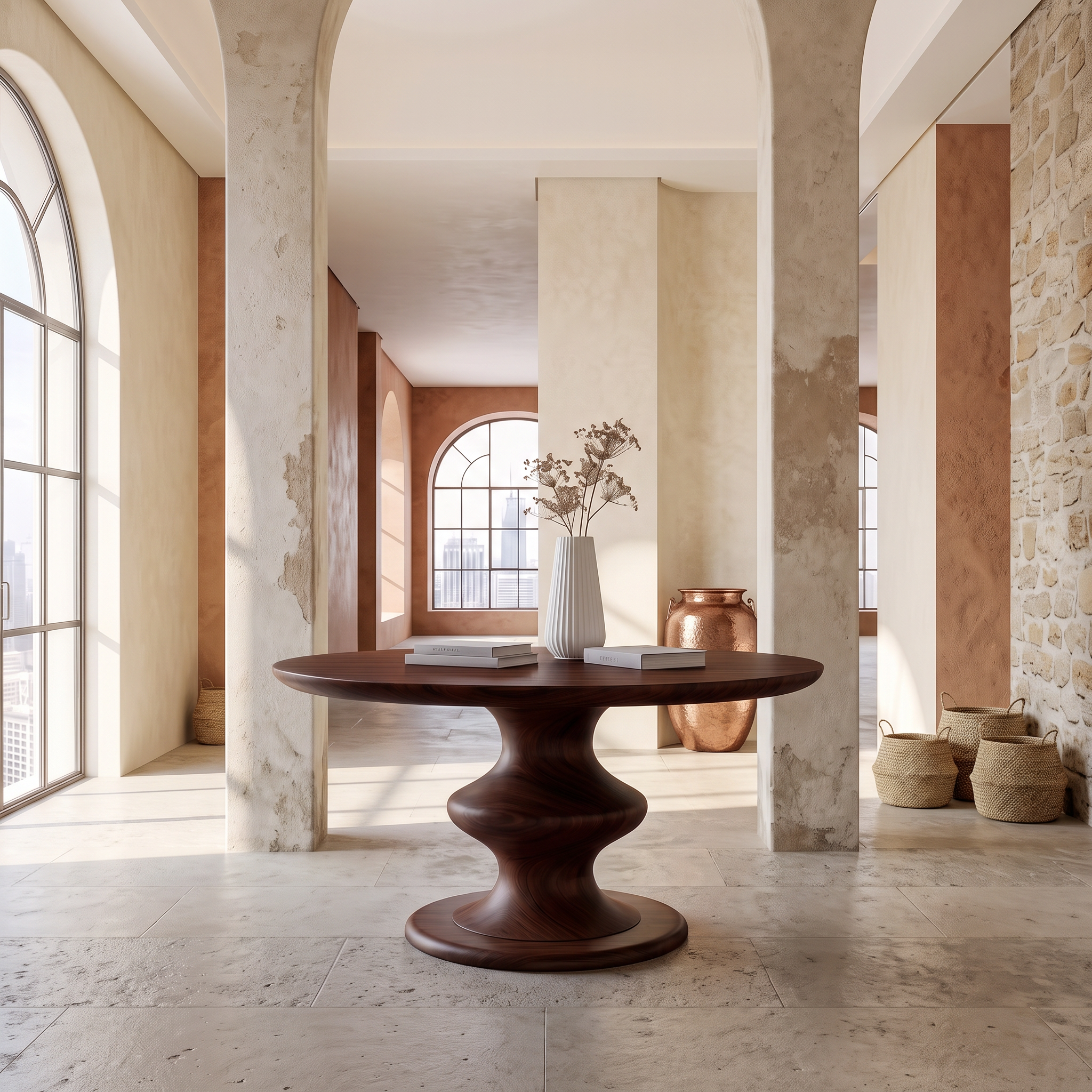 Contemporary Round Foyer Table With Turned Solid Wood Pedestal Base For Entryway And Hallway FTHCH003