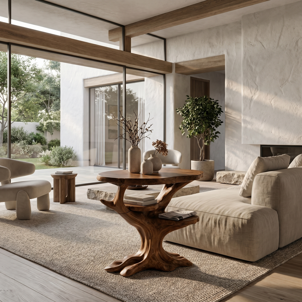 Organic Sculptural Side Table With Solid Wood Display Shelves For Living Room And Bedroom ETHCH021