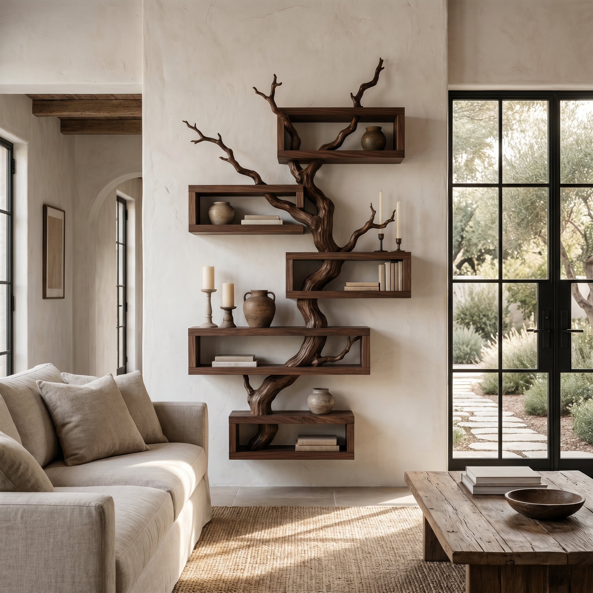Modern Tree Branch Display Shelf With Floating Shelves For Home