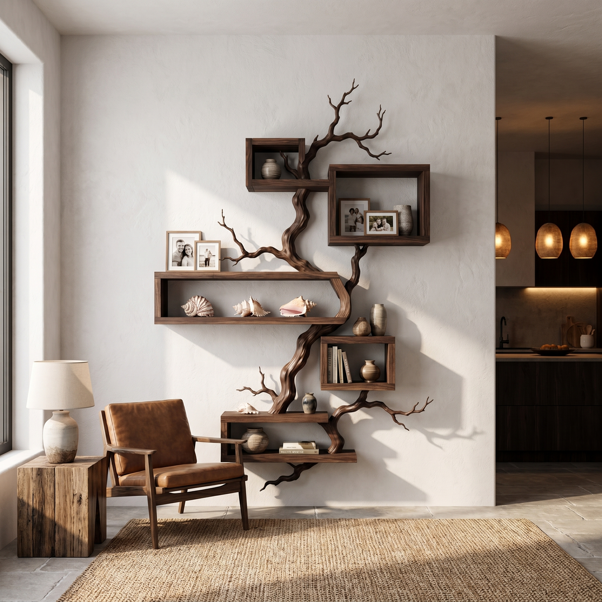 Organic Sculptural Floating Shelf With Tree Branch Design For Living Room