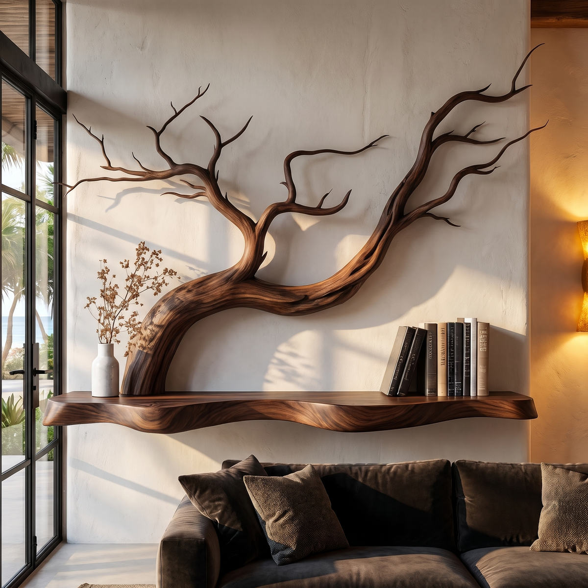 Handcrafted Floating Shelf With Sculptural Tree Branch Form For Living Room