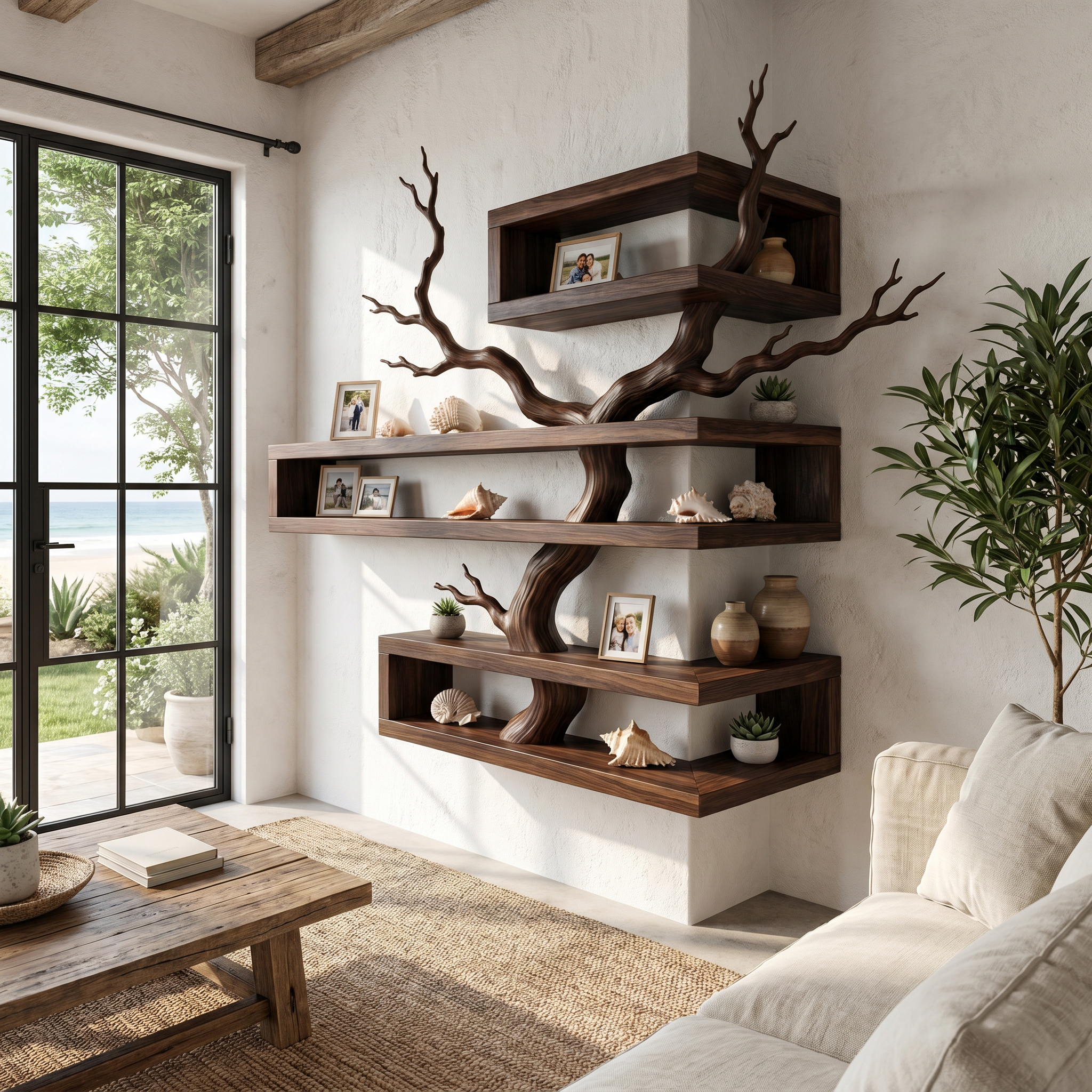 Rustic Corner Floating Shelf With Artistic Branch Shelves For Living Room