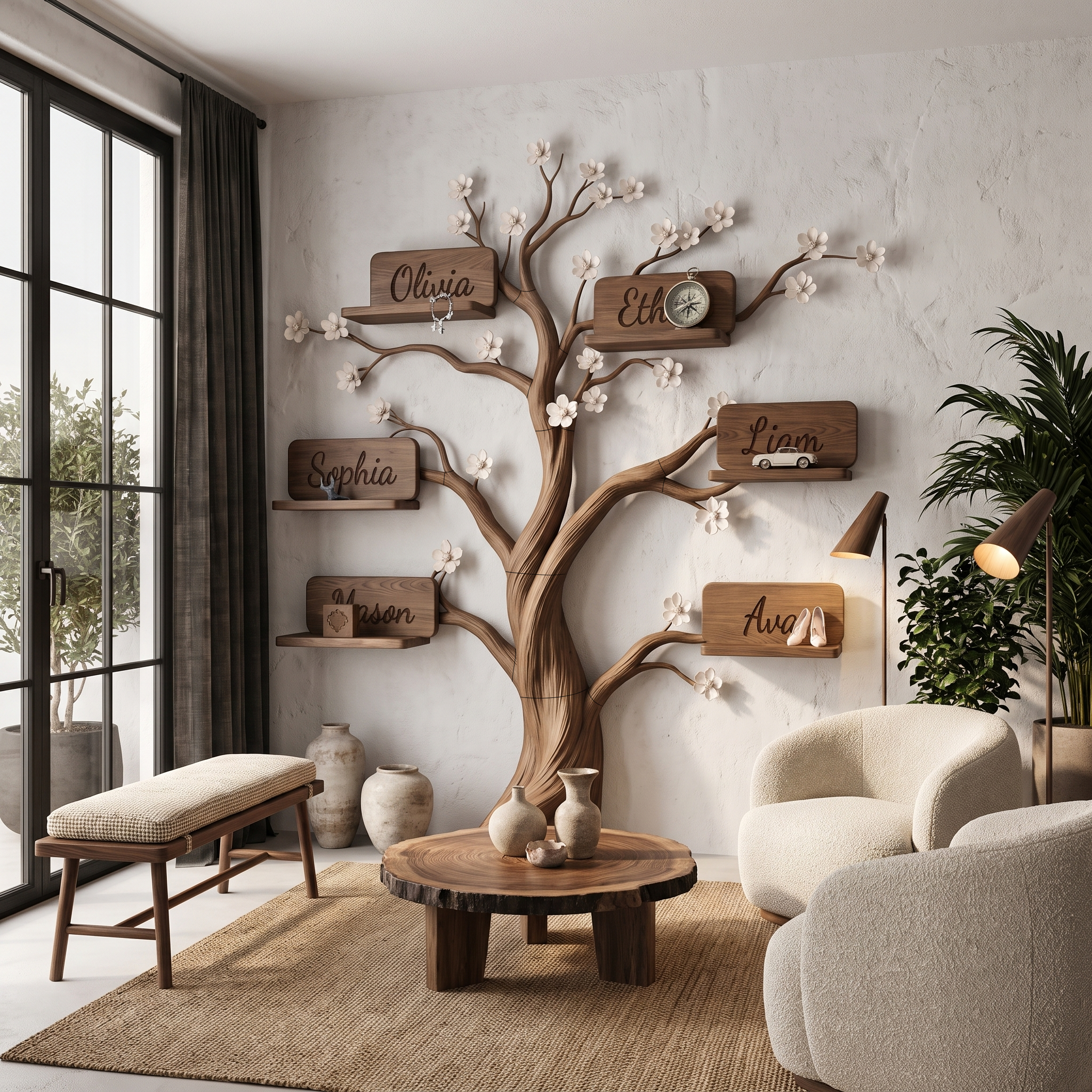 Natural Custom Family Tree Shelf With Heart Name Plaques For Living Room And Entryway