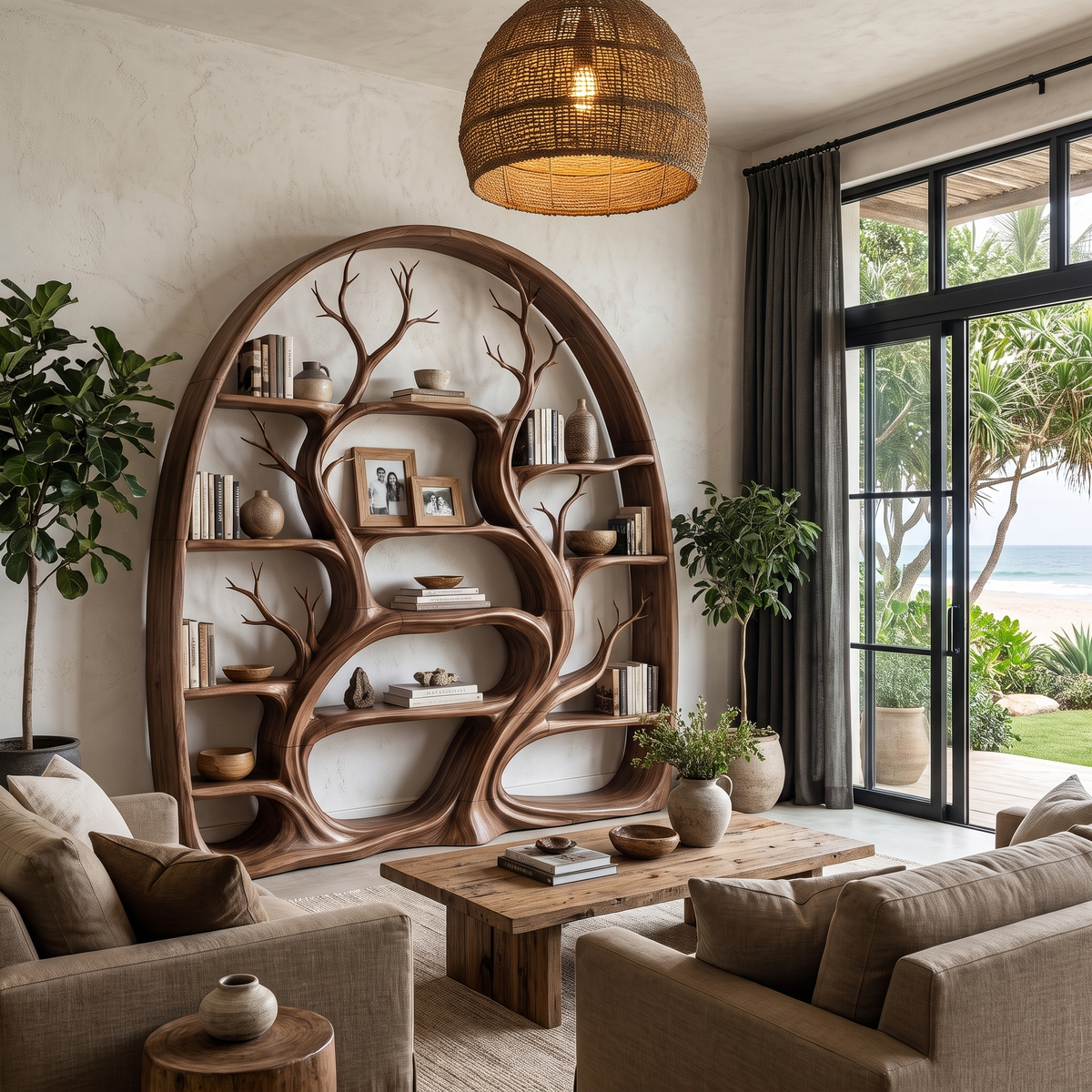 Organic Tree Bookshelf With Arched Branch Design For Living Room And Home Office