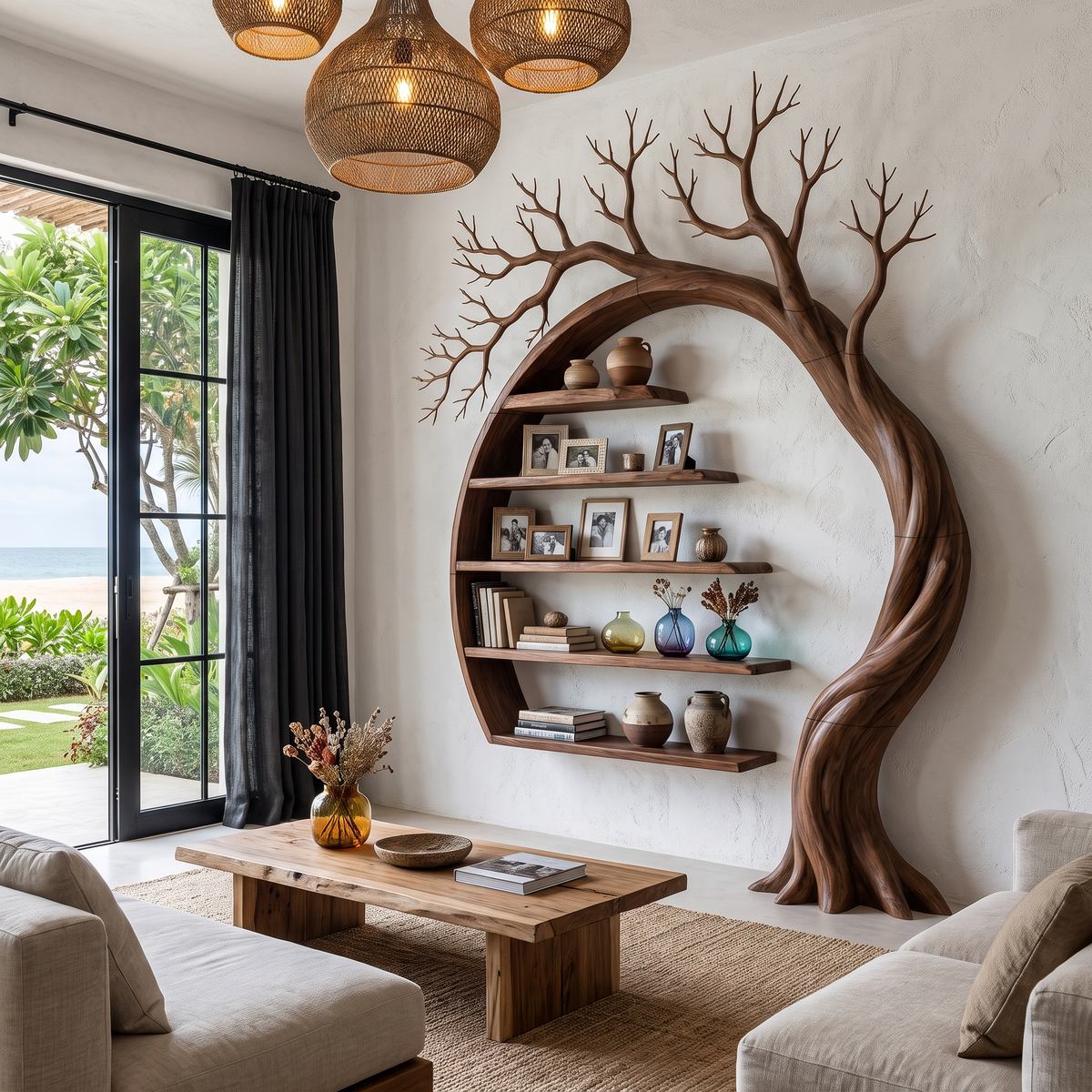 Natural Tree Bookshelf With Circular Branch Design For Living Room And Reading Nook