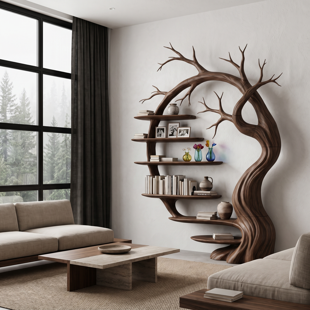 Rustic Tree Bookshelf With Sculptural Tree Branch Design For Living Room And Home Office