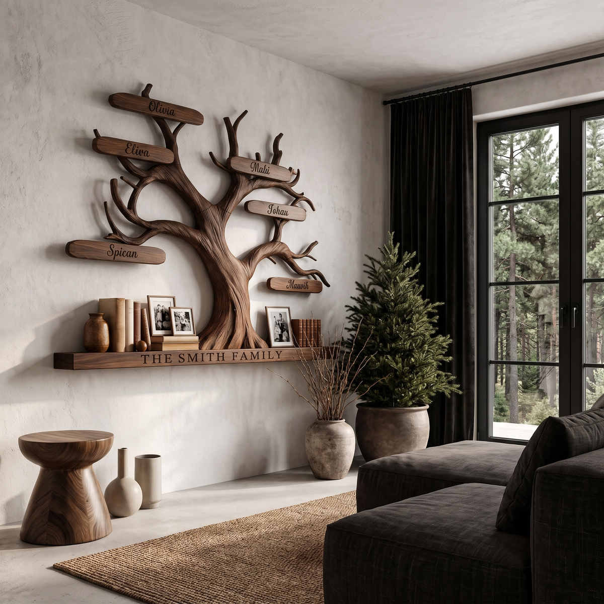Organic Personalized Tree Wall Bookshelf With Custom Family Name For Living Room And Home Office