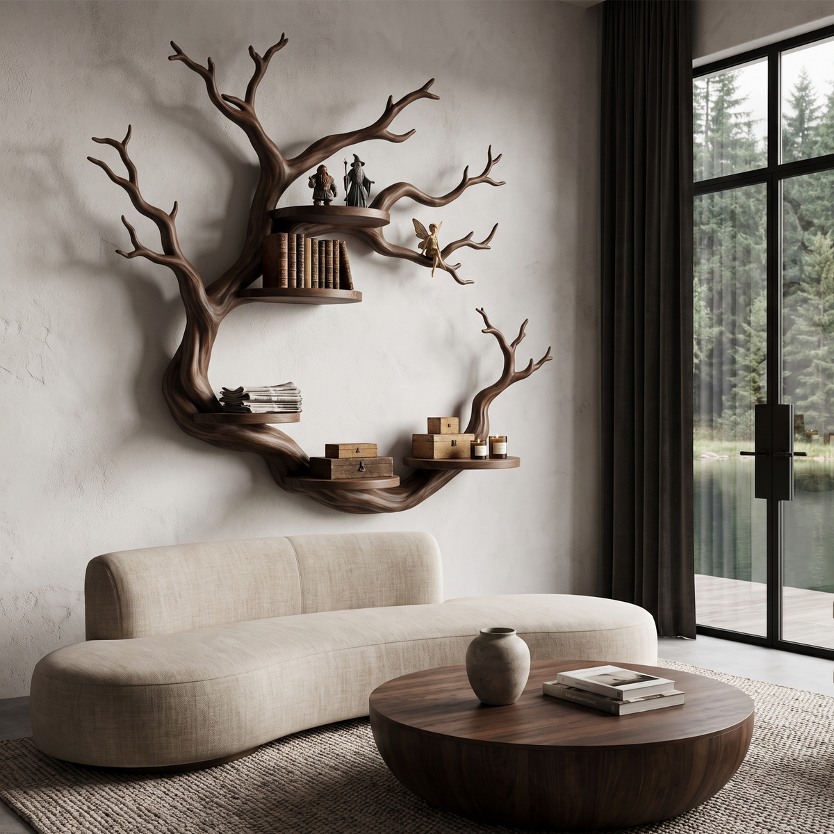 Rustic Tree Bookshelf With Sculptural Circular Branch Design For Living Room