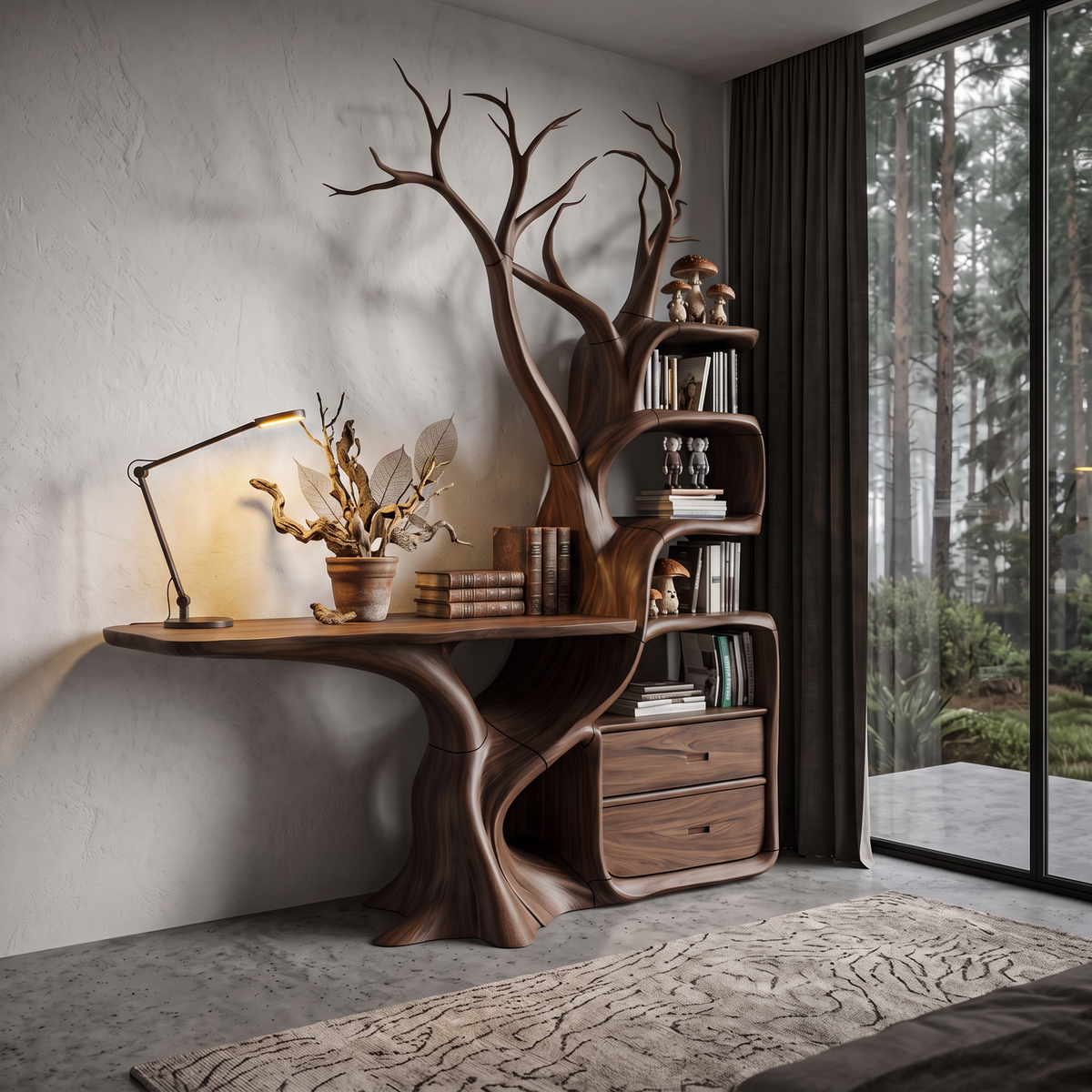 Natural Wall Mounted Tree Bookcase With Built In Drawers For Reading Nook