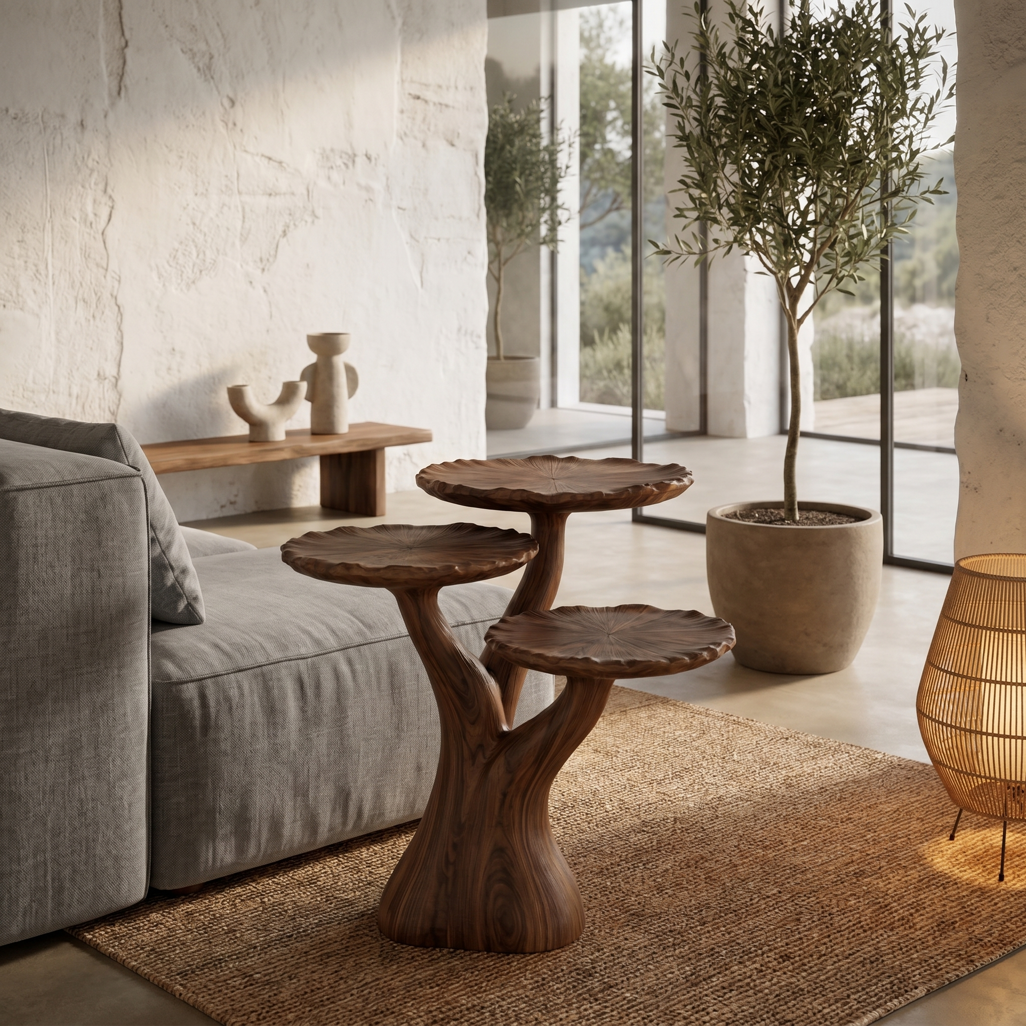 Organic Sculptural Side Table With Multi Tier Solid Wood Shelves For Living Room And Bedroom ETHCH022