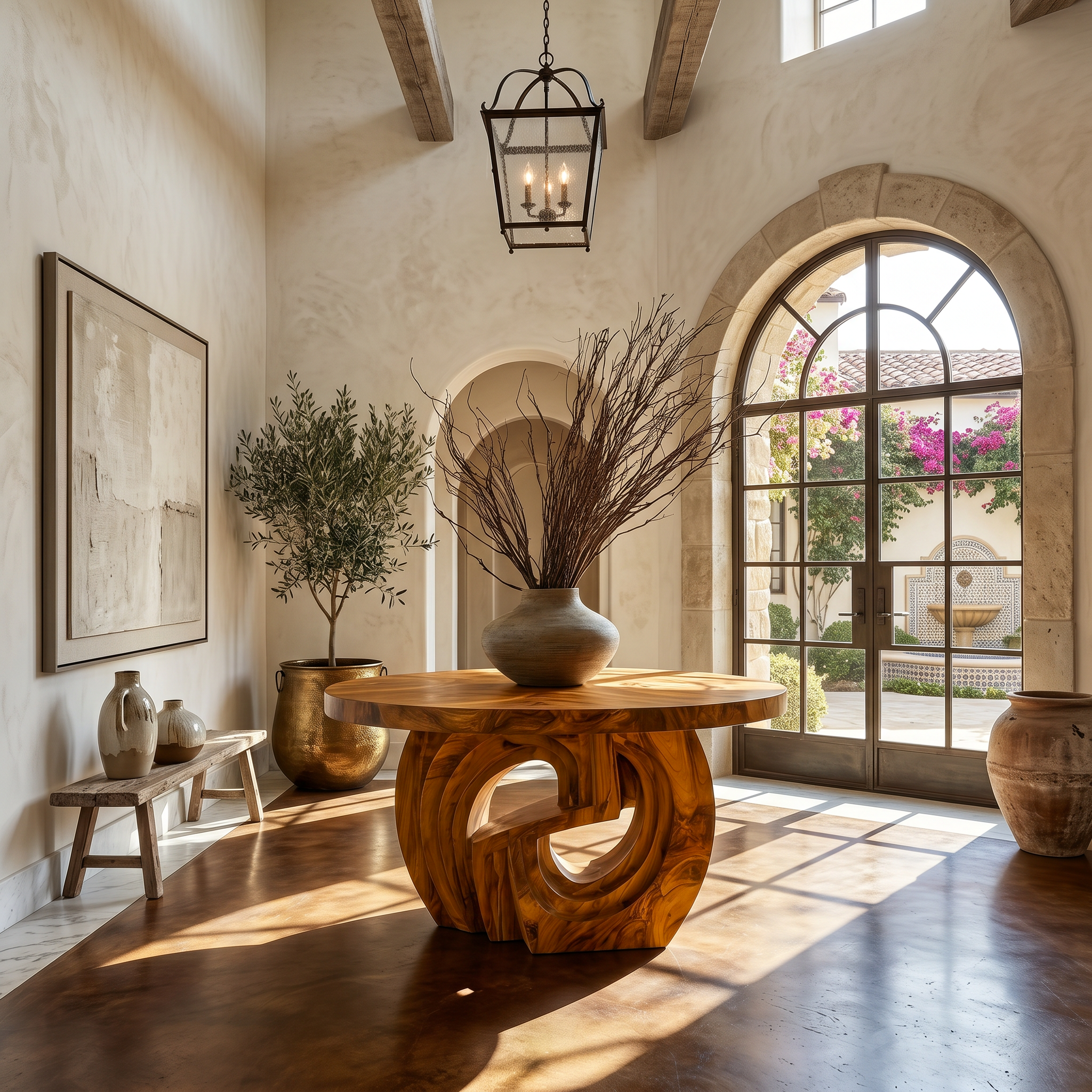 Rustic Foyer Table With Sculptural Ring Pedestal Base For Entryway And Hallway FTHCH022