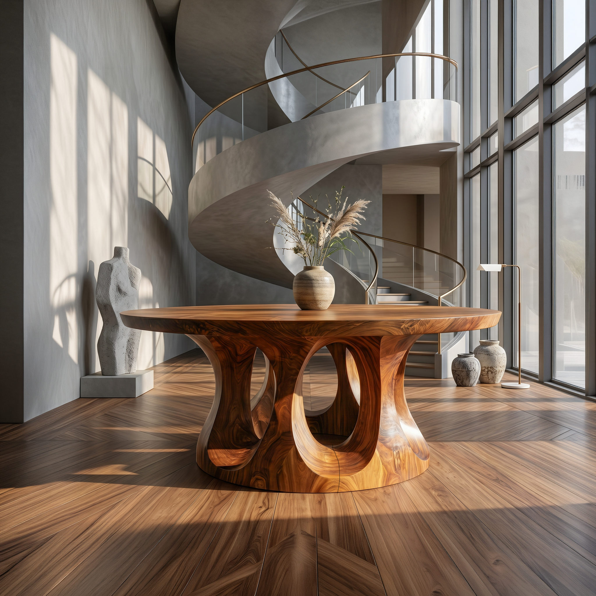 Organic Round Foyer Table With Sculptural Dual Ring Pedestal Base For Entryway And Hallway FTHCH019