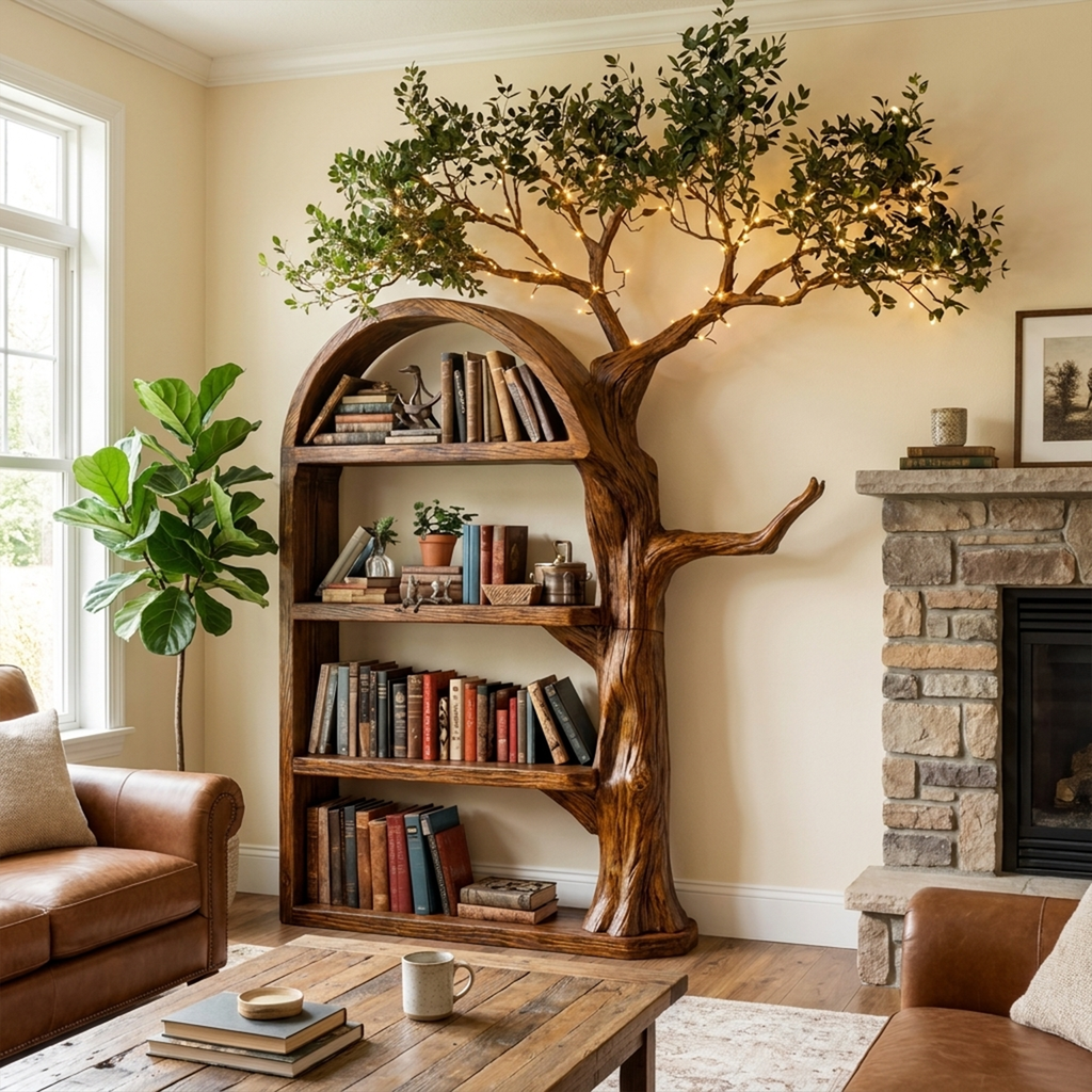 Rustic Tree Bookshelf Living Room Wall Display