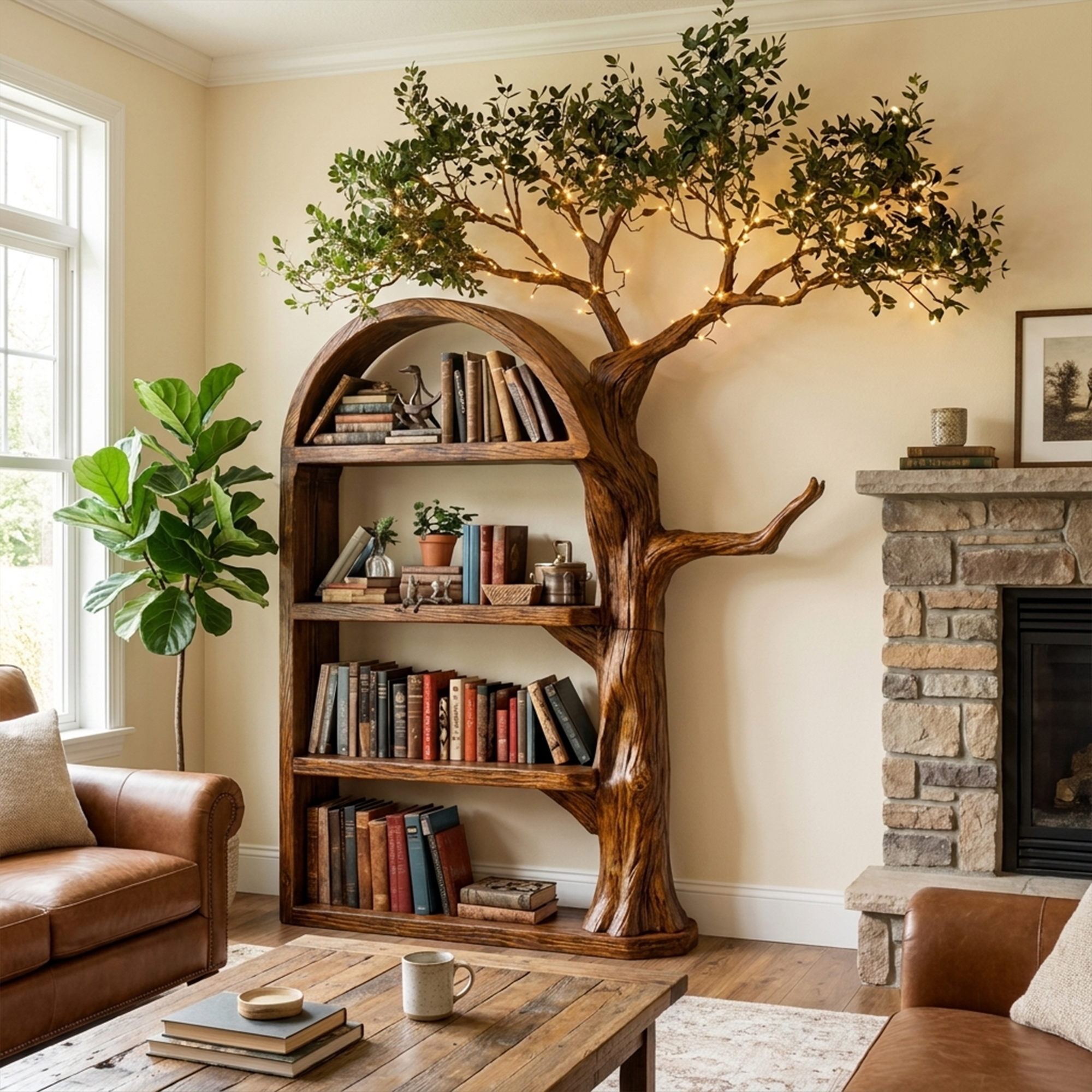 Rustic Tree Bookshelf Living Room Wall Display