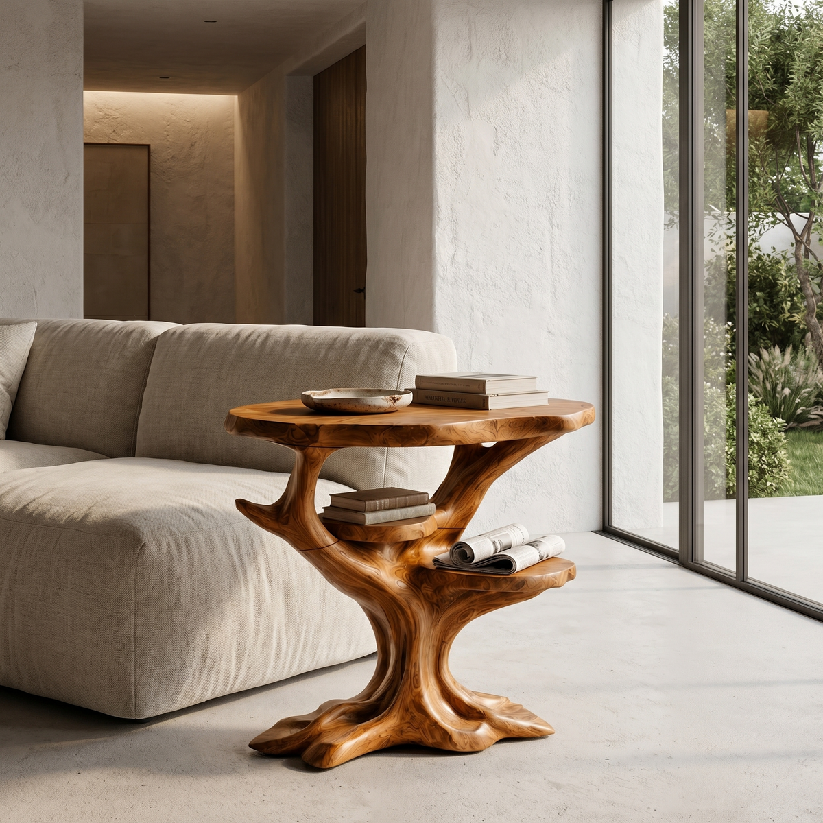Organic Sculptural Side Table With Solid Wood Display Shelves For Living Room And Bedroom ETHCH021