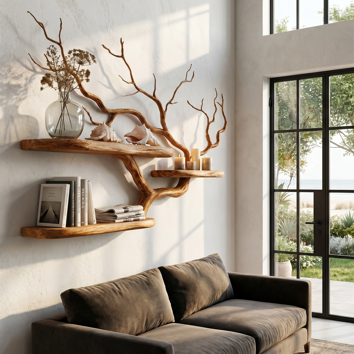 Handcrafted Tree Branch Floating Shelf For Living Room Decor