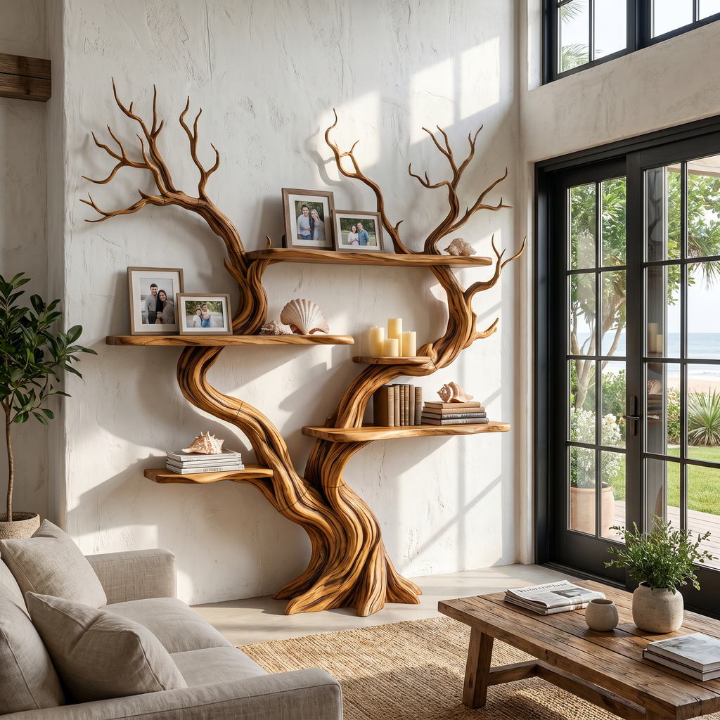 Organic Tree Wall Shelf With Multi Tier Display Shelves For Home