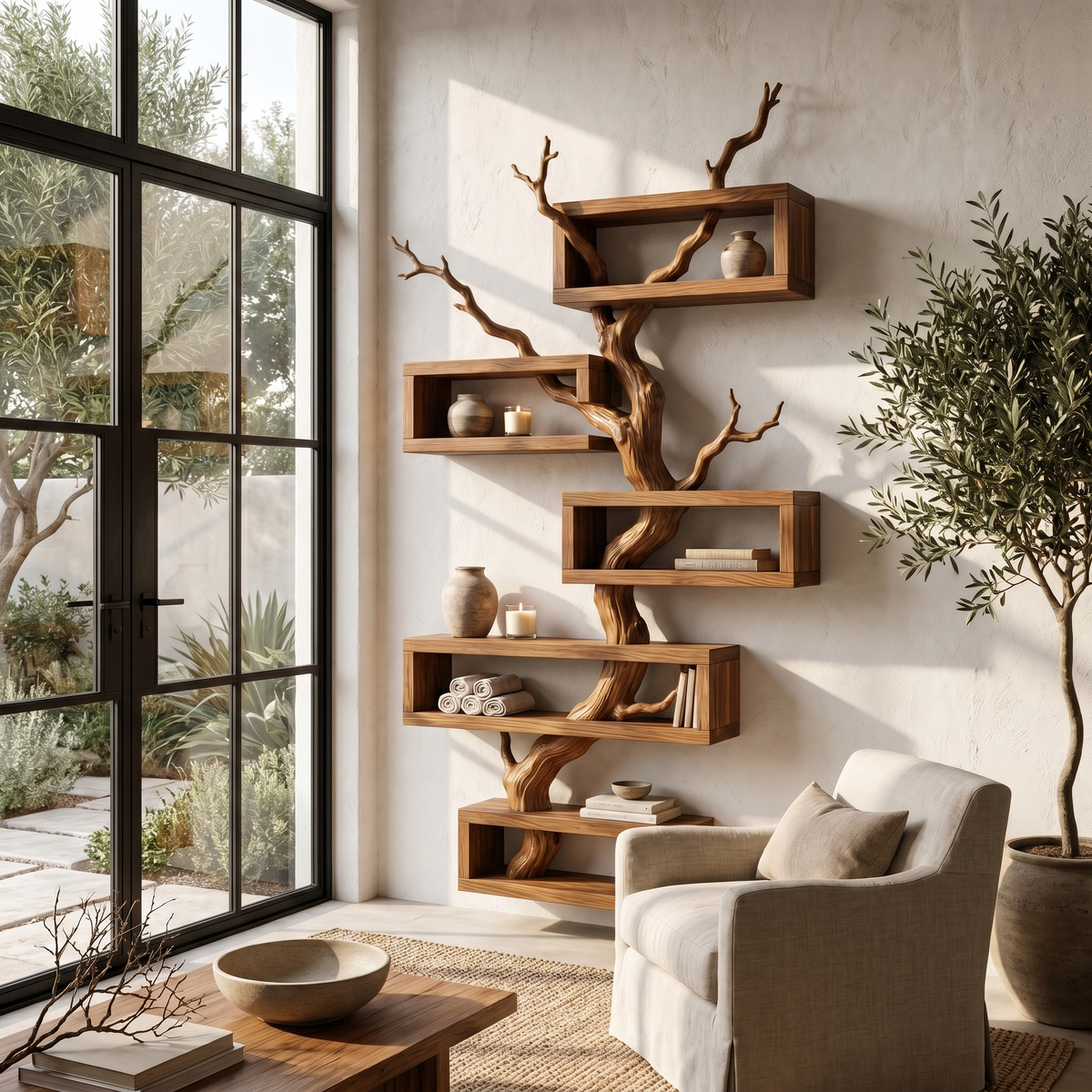 Modern Tree Branch Display Shelf With Floating Shelves For Home