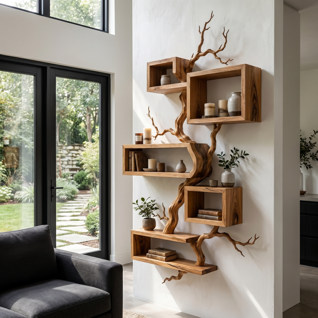 Organic Sculptural Floating Shelf With Tree Branch Design For Living Room