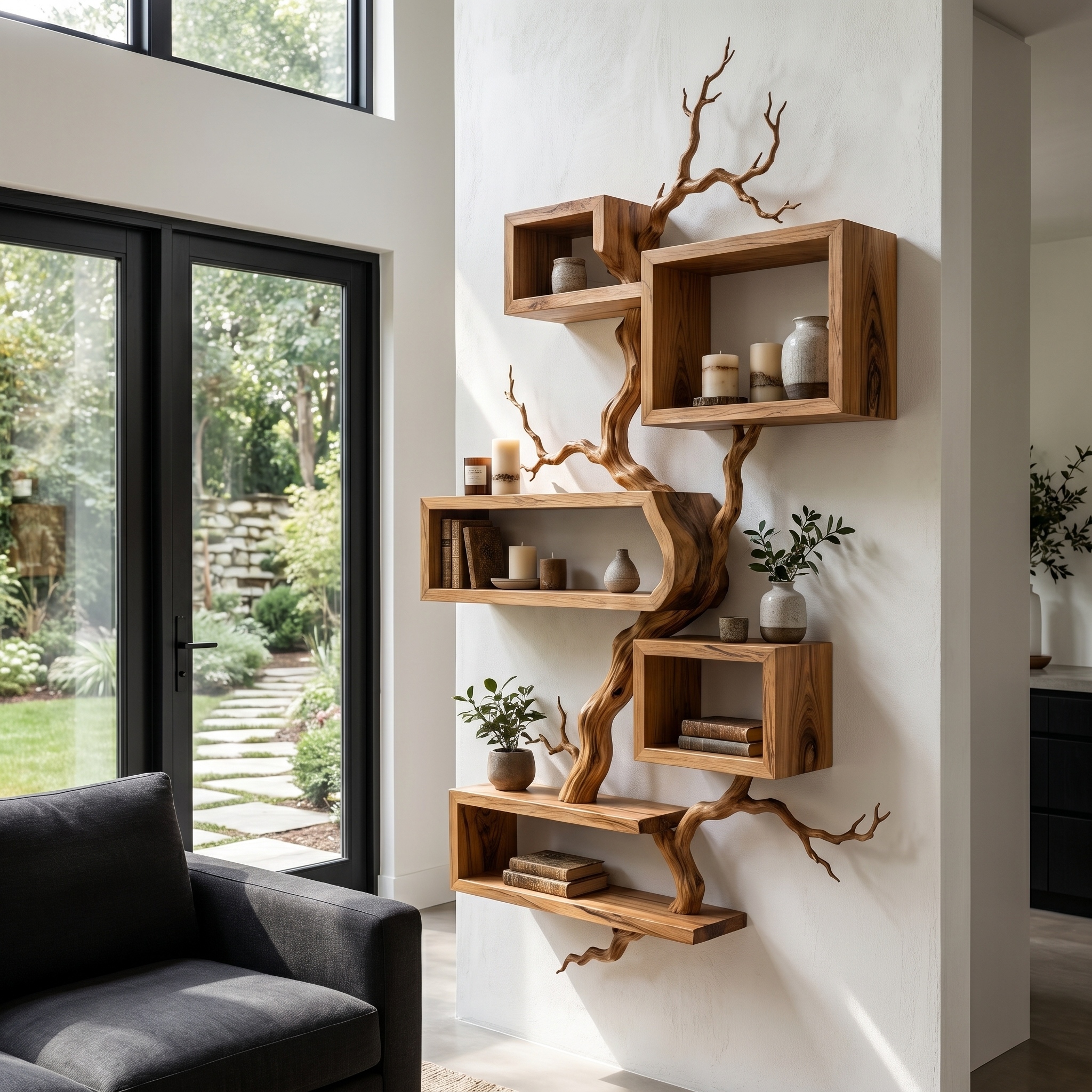 Organic Sculptural Floating Shelf With Tree Branch Design For Living Room