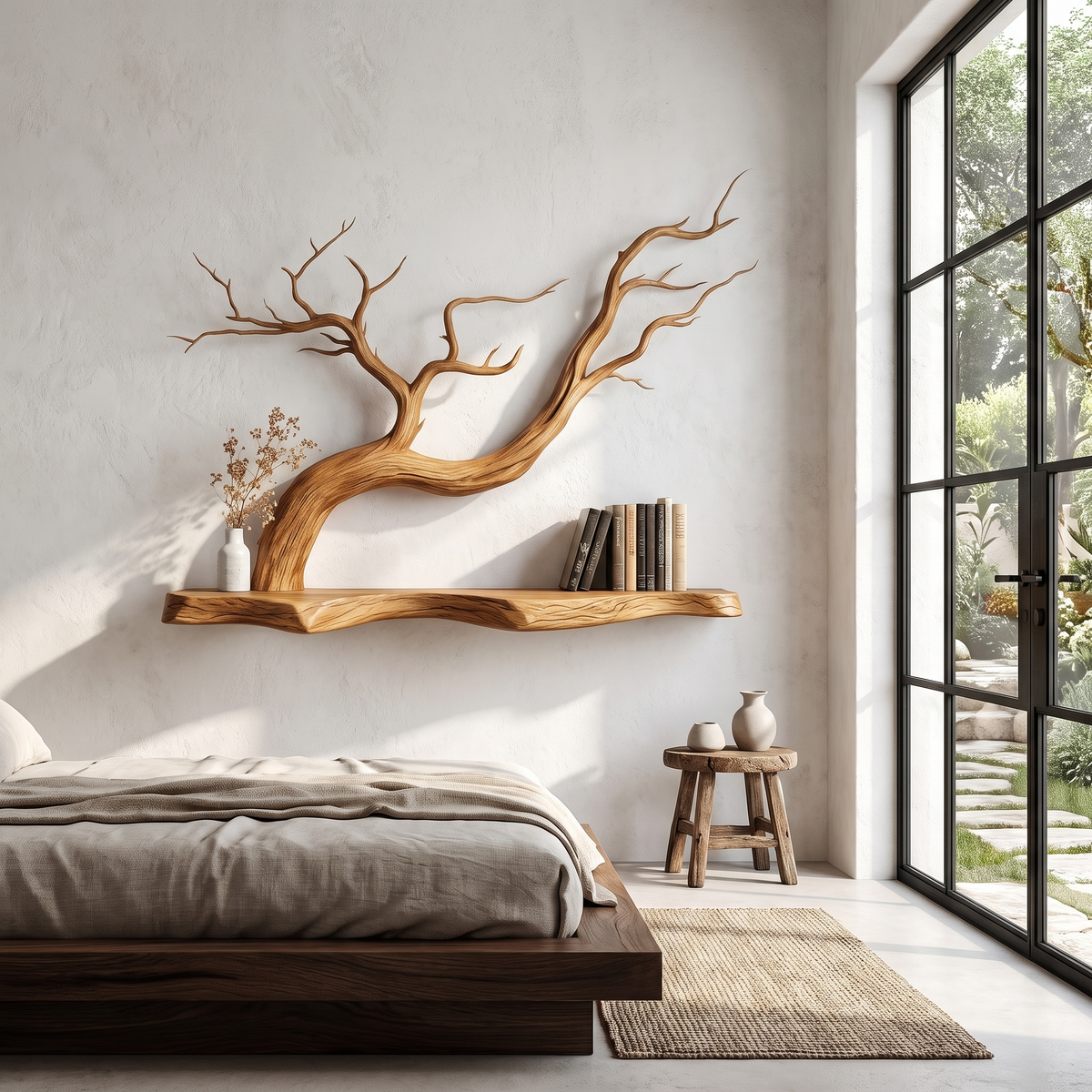 Handcrafted Floating Shelf With Sculptural Tree Branch Form For Living Room