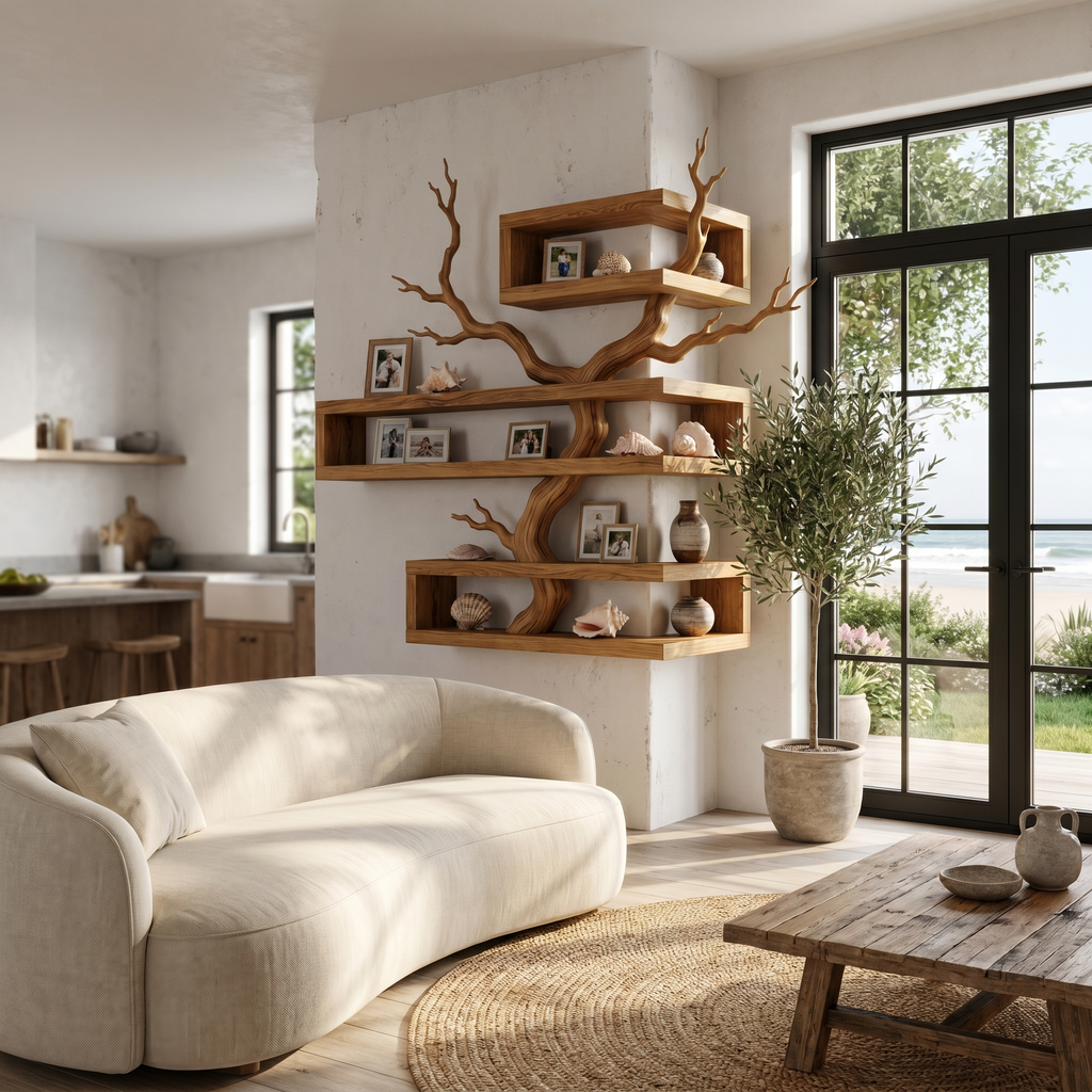 Rustic Corner Floating Shelf With Artistic Branch Shelves For Living Room