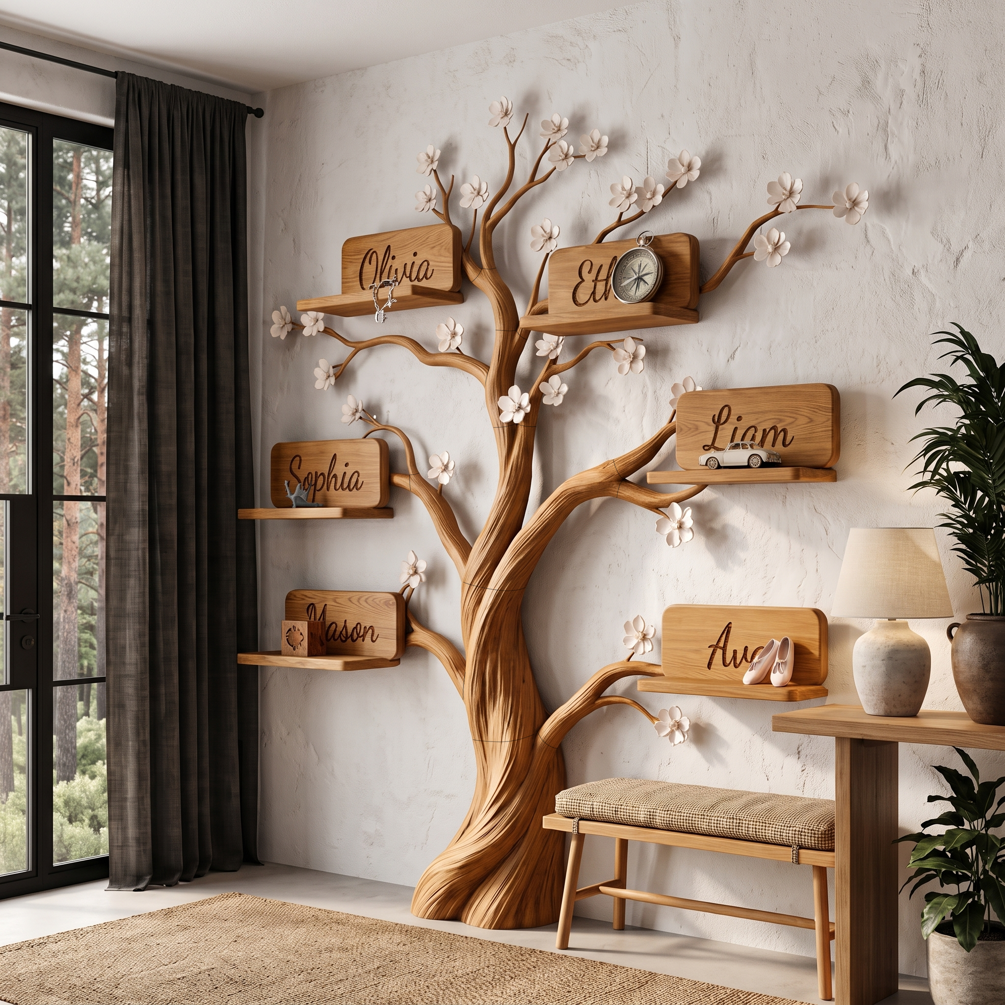 Natural Custom Family Tree Shelf With Heart Name Plaques For Living Room And Entryway