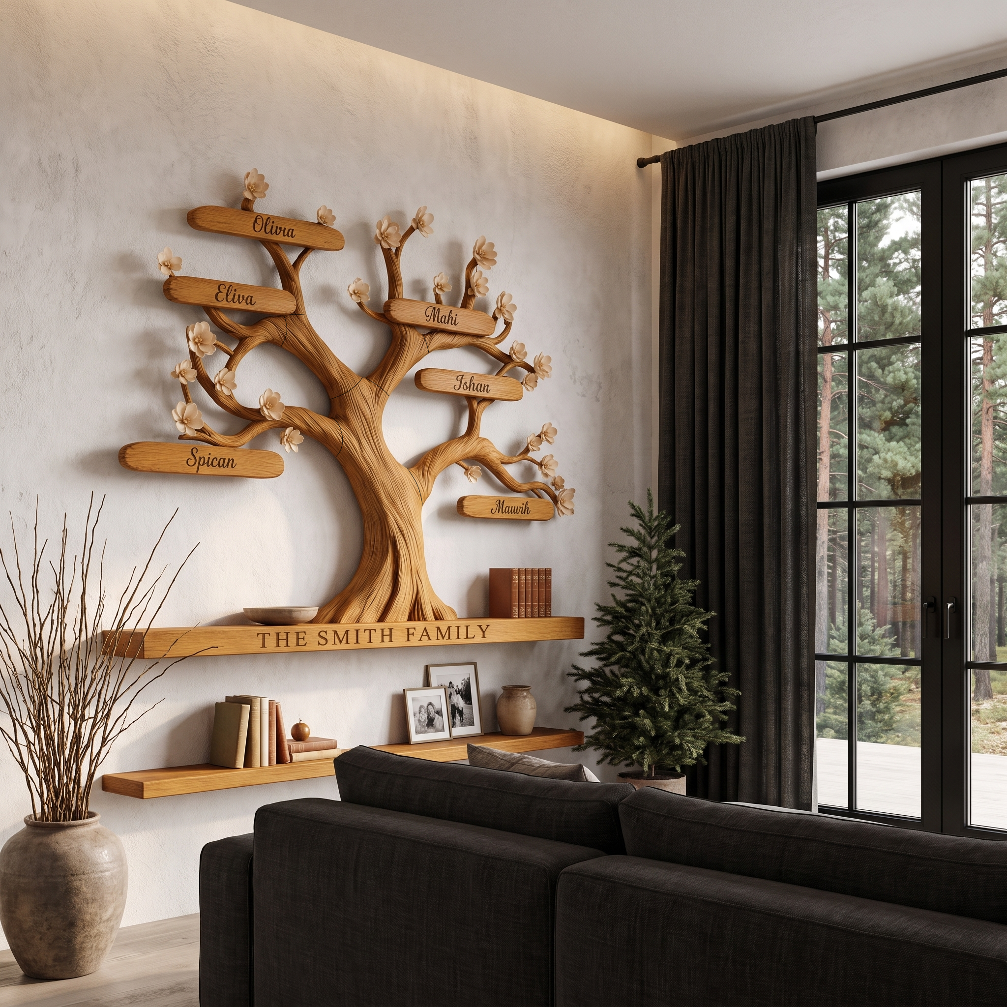 Organic Personalized Tree Wall Bookshelf With Custom Family Name For Living Room And Home Office