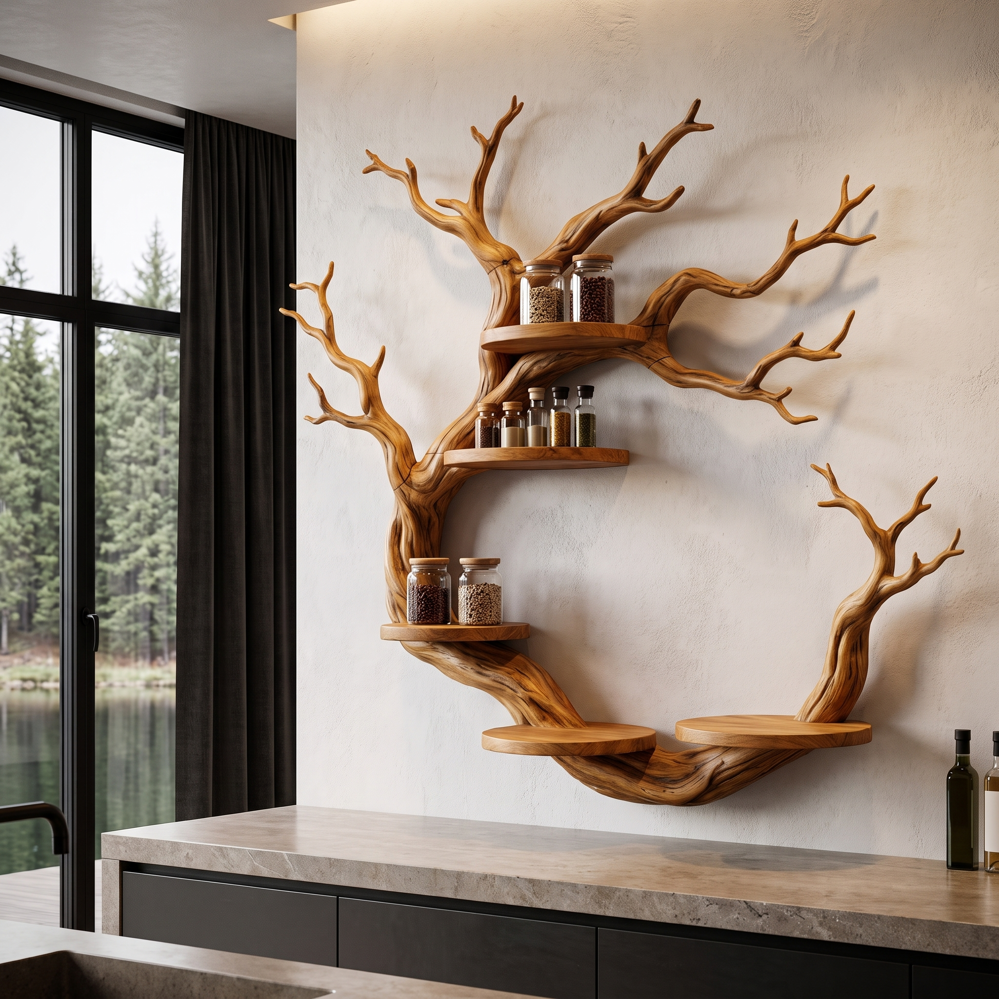 Rustic Tree Bookshelf With Sculptural Circular Branch Design For Living Room
