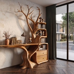 Natural Wall Mounted Tree Bookcase With Built In Drawers For Reading Nook
