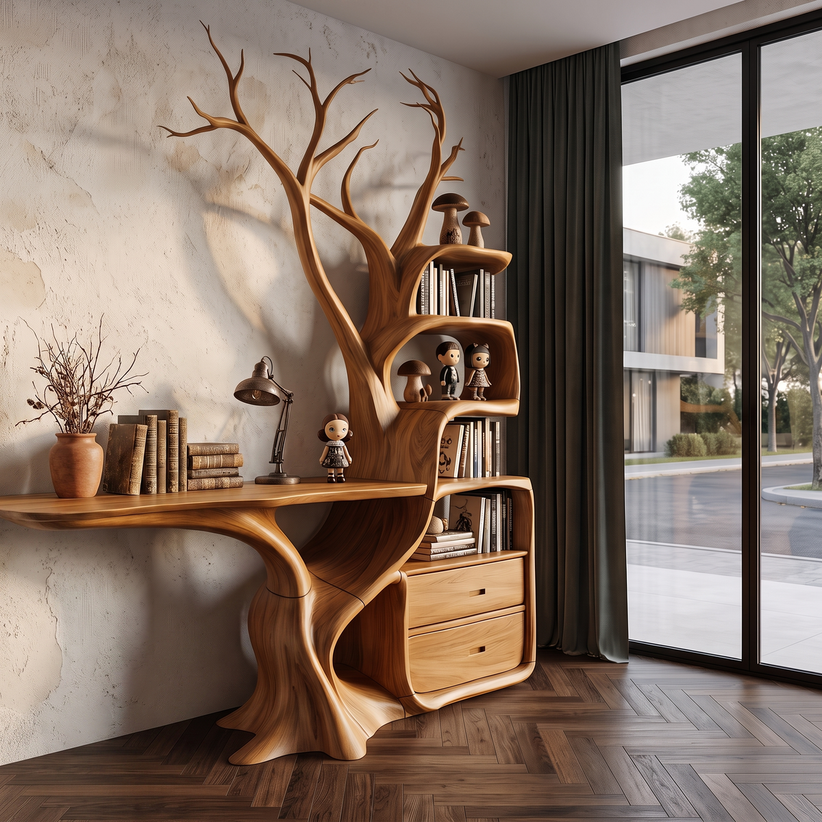 Natural Wall Mounted Tree Bookcase With Built In Drawers For Reading Nook