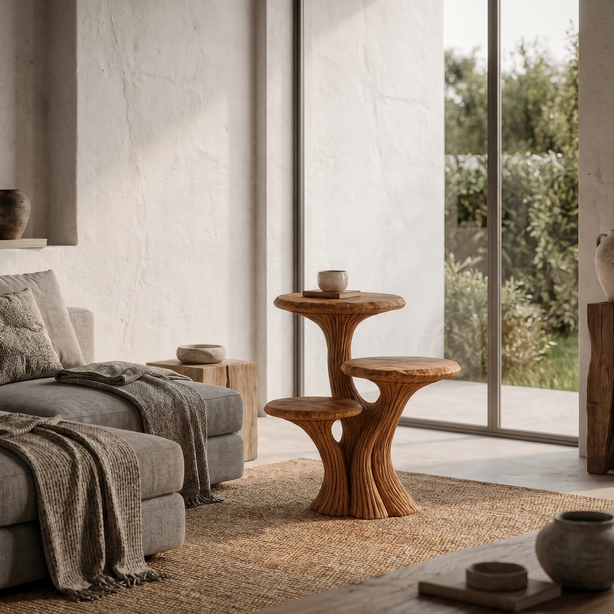 Contemporary Tiered Side Table With Sculptural Solid Wood Design For Living Room And Bedroom ETHCH023