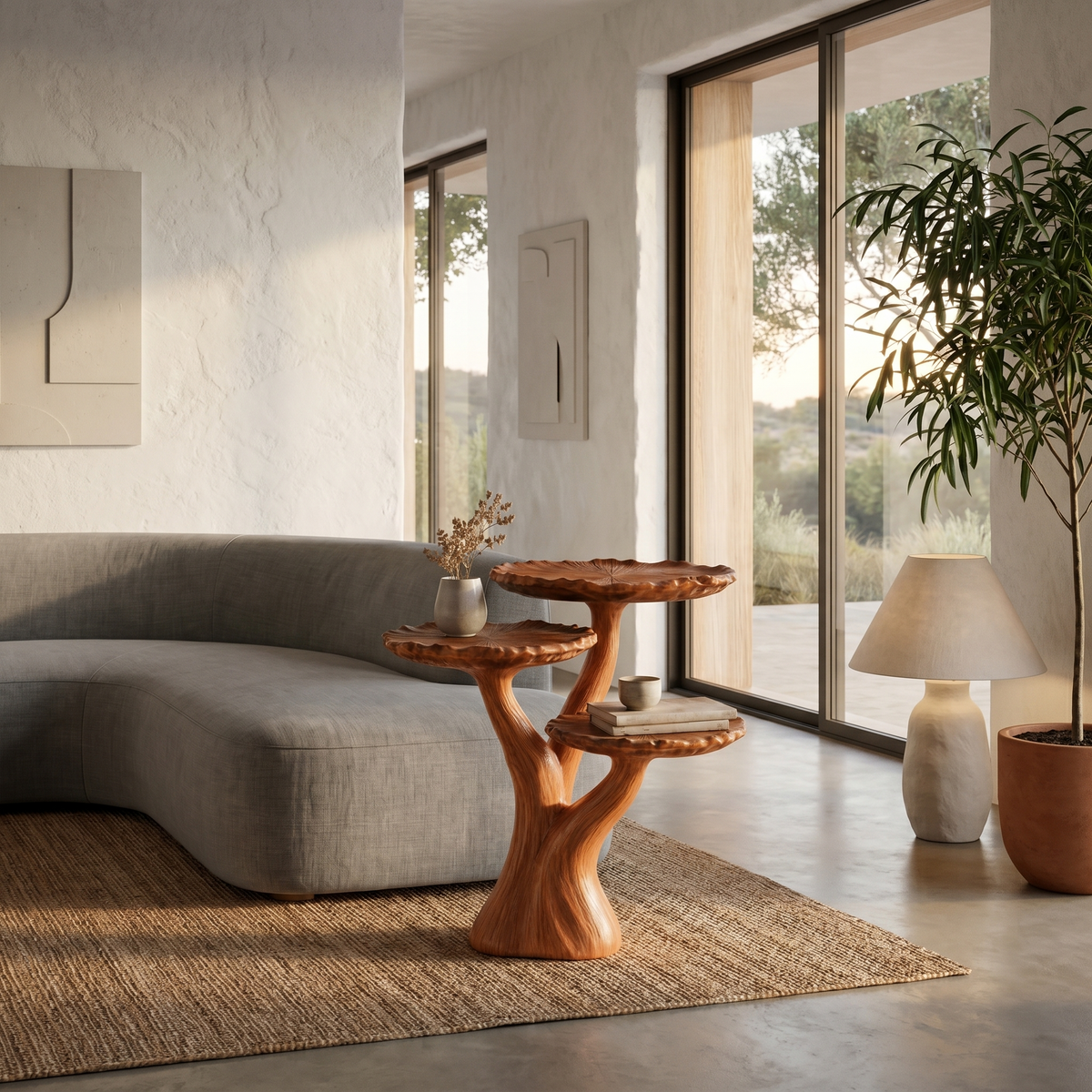 Organic Sculptural Side Table With Multi Tier Solid Wood Shelves For Living Room And Bedroom ETHCH022