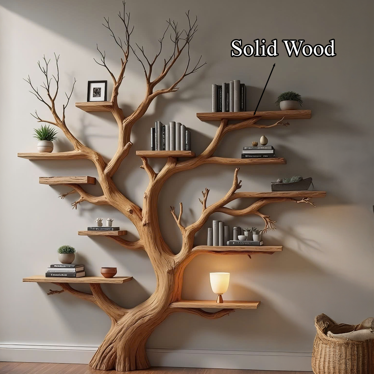 Wood Tree Bookshelf Wal Mounted Shelf Living Room