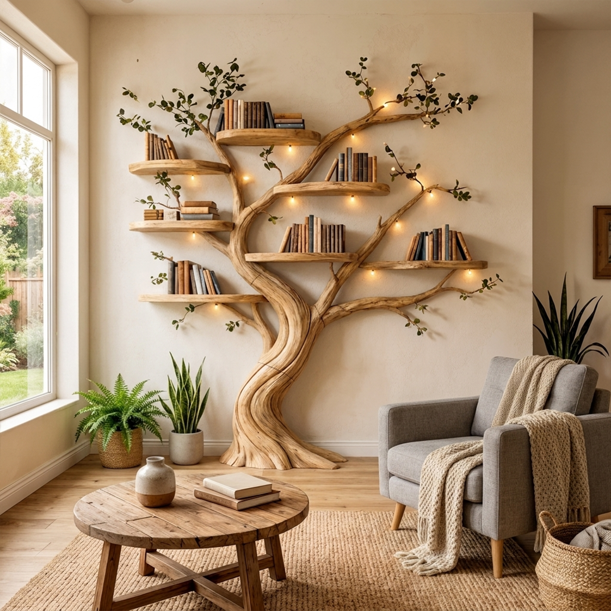 Organic Tree Bookshelf Living Room Interior Sculptural Wall Display