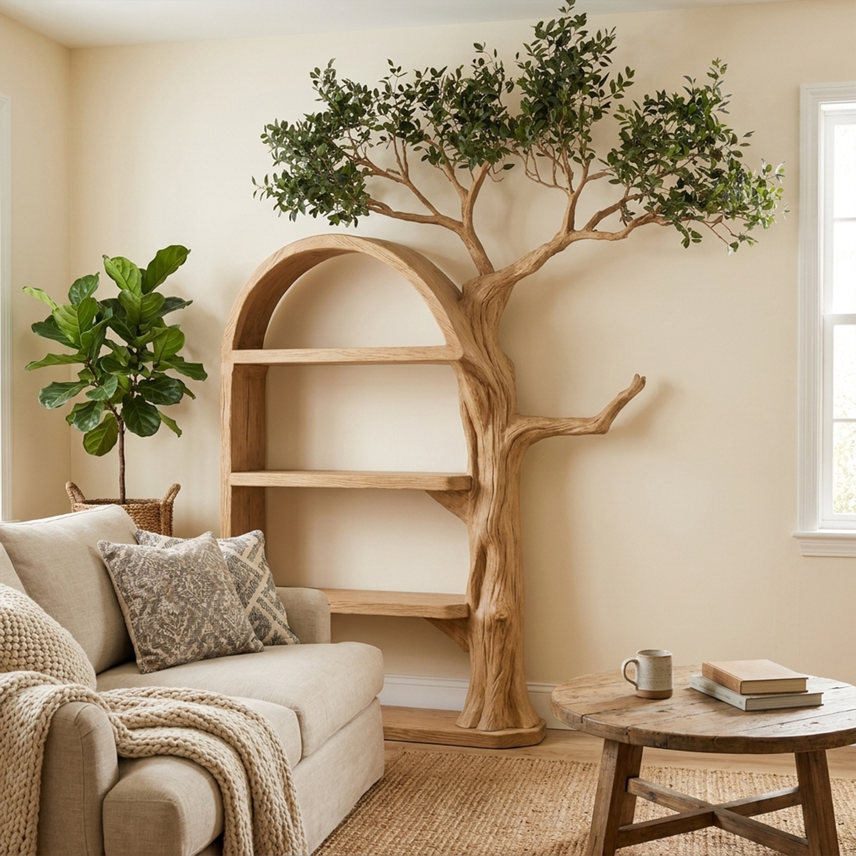 Rustic Tree Bookshelf Living Room Wall Display