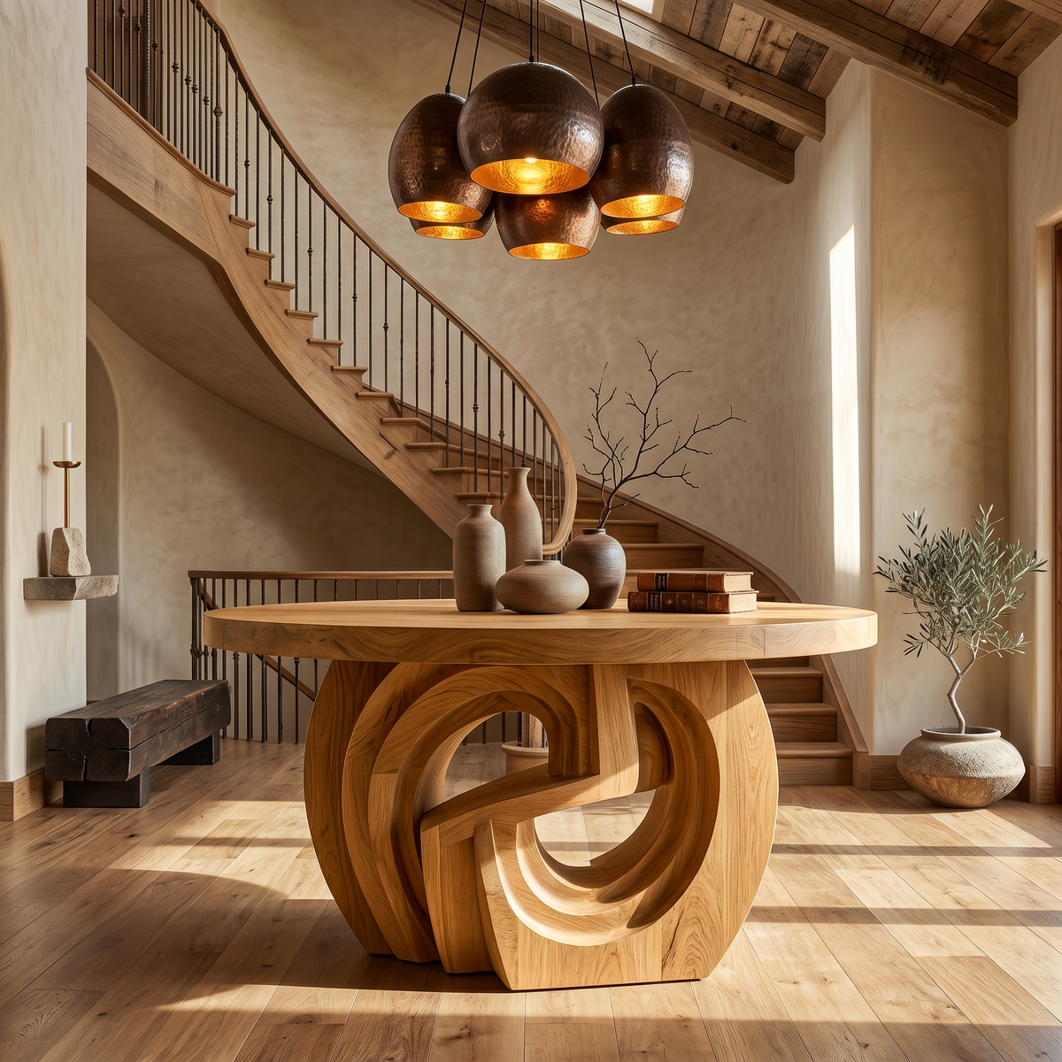 Rustic Foyer Table With Sculptural Ring Pedestal Base For Entryway And Hallway FTHCH022