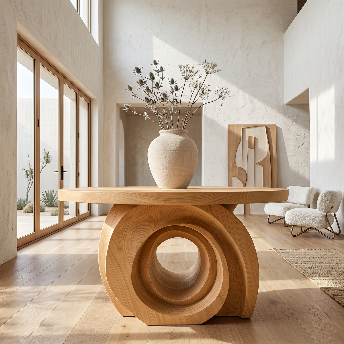 Modern Round Foyer Table With Sculptural Ring Pedestal Base For Entryway And Hallway FTHCH020