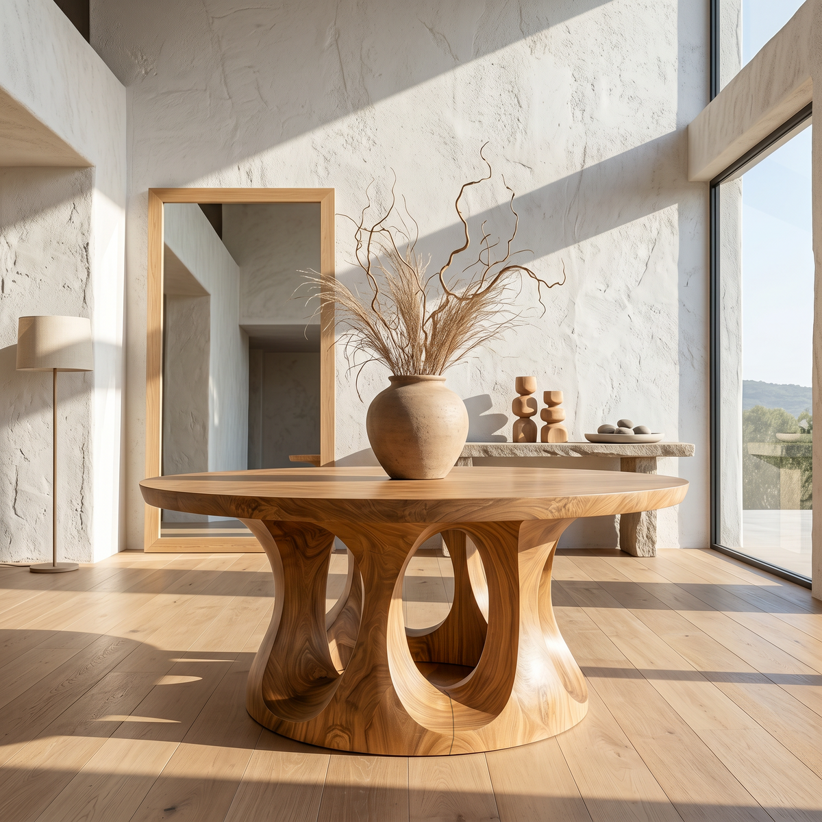 Organic Round Foyer Table With Sculptural Dual Ring Pedestal Base For Entryway And Hallway FTHCH019