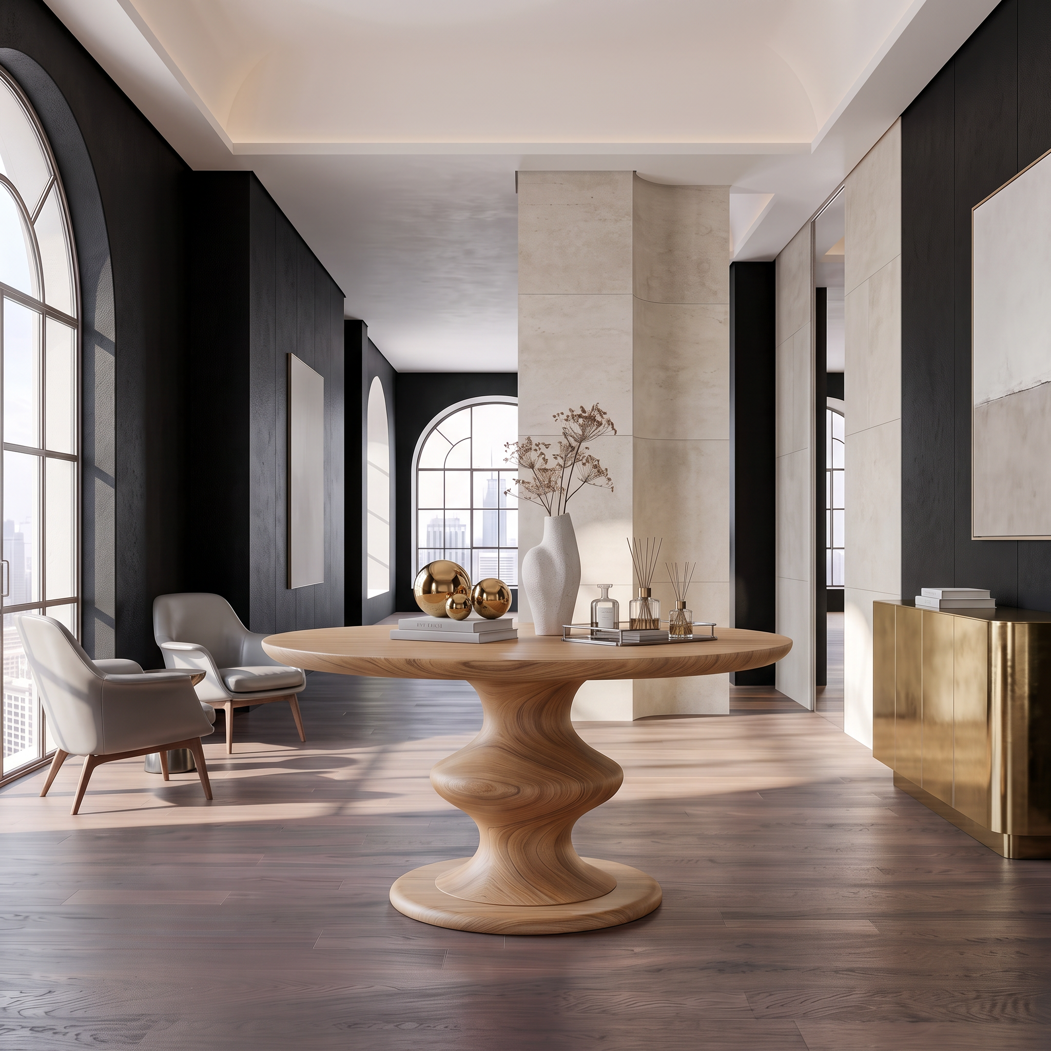 Contemporary Round Foyer Table With Turned Solid Wood Pedestal Base For Entryway And Hallway FTHCH003