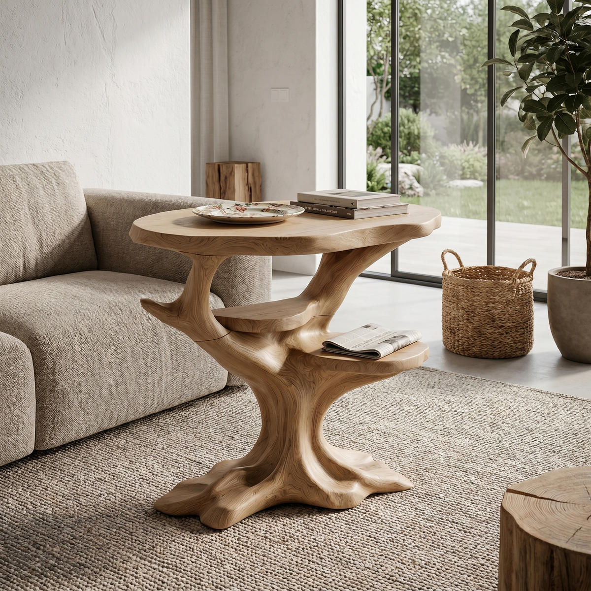 Organic Sculptural Side Table With Solid Wood Display Shelves For Living Room And Bedroom ETHCH021