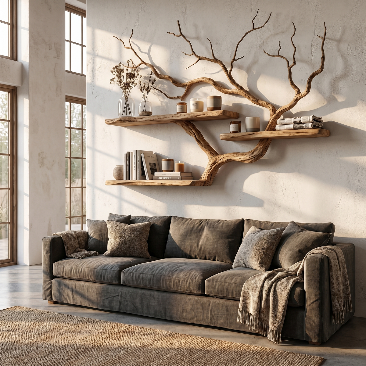 Handcrafted Tree Branch Floating Shelf For Living Room Decor