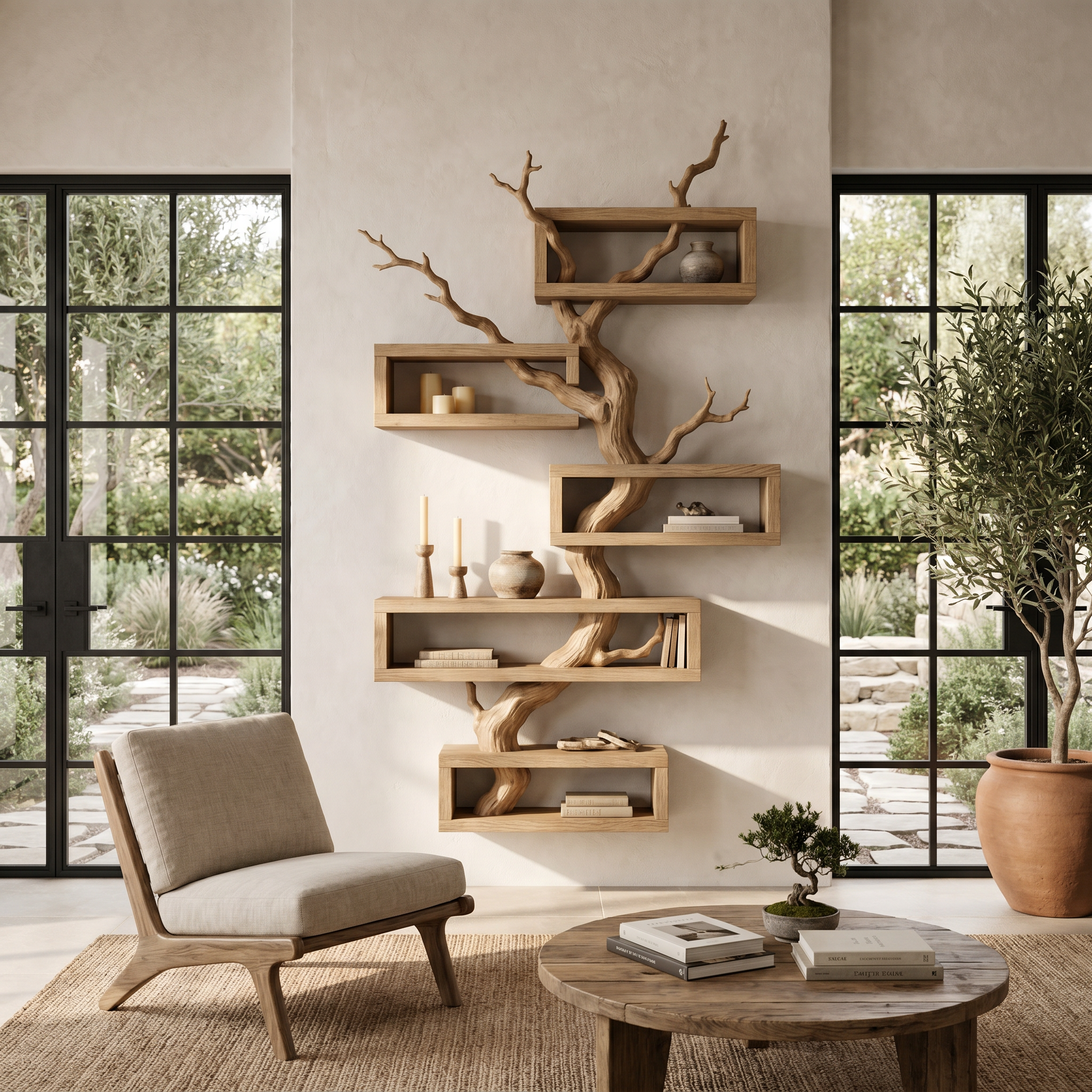 Modern Tree Branch Display Shelf With Floating Shelves For Home