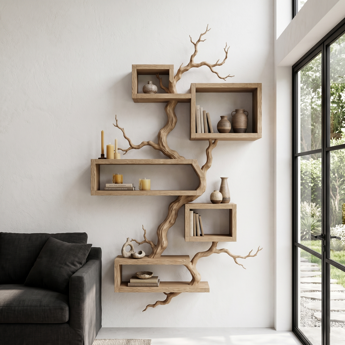 Organic Sculptural Floating Shelf With Tree Branch Design For Living Room